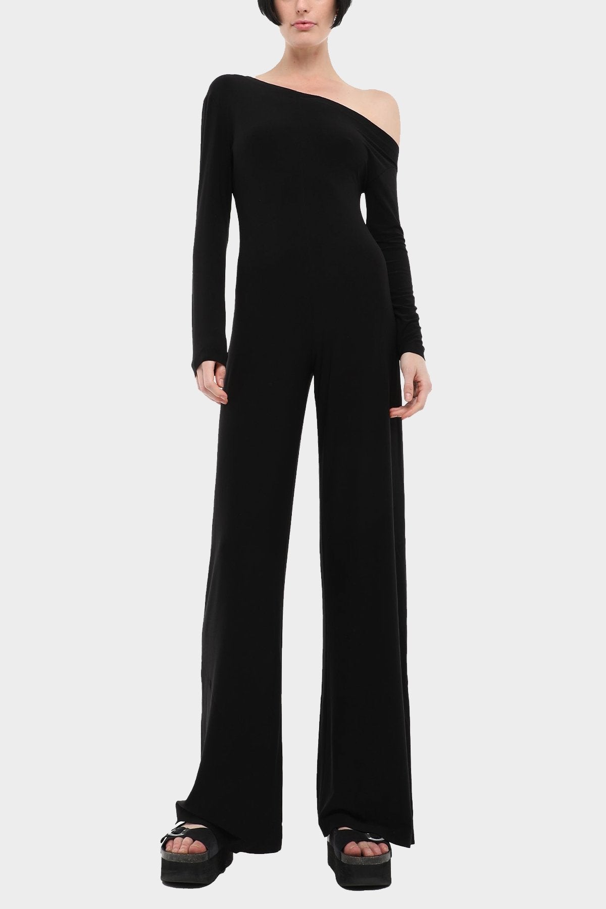 Long Sleeve Drop Shoulder Jumpsuit in Black - shop-olivia.com