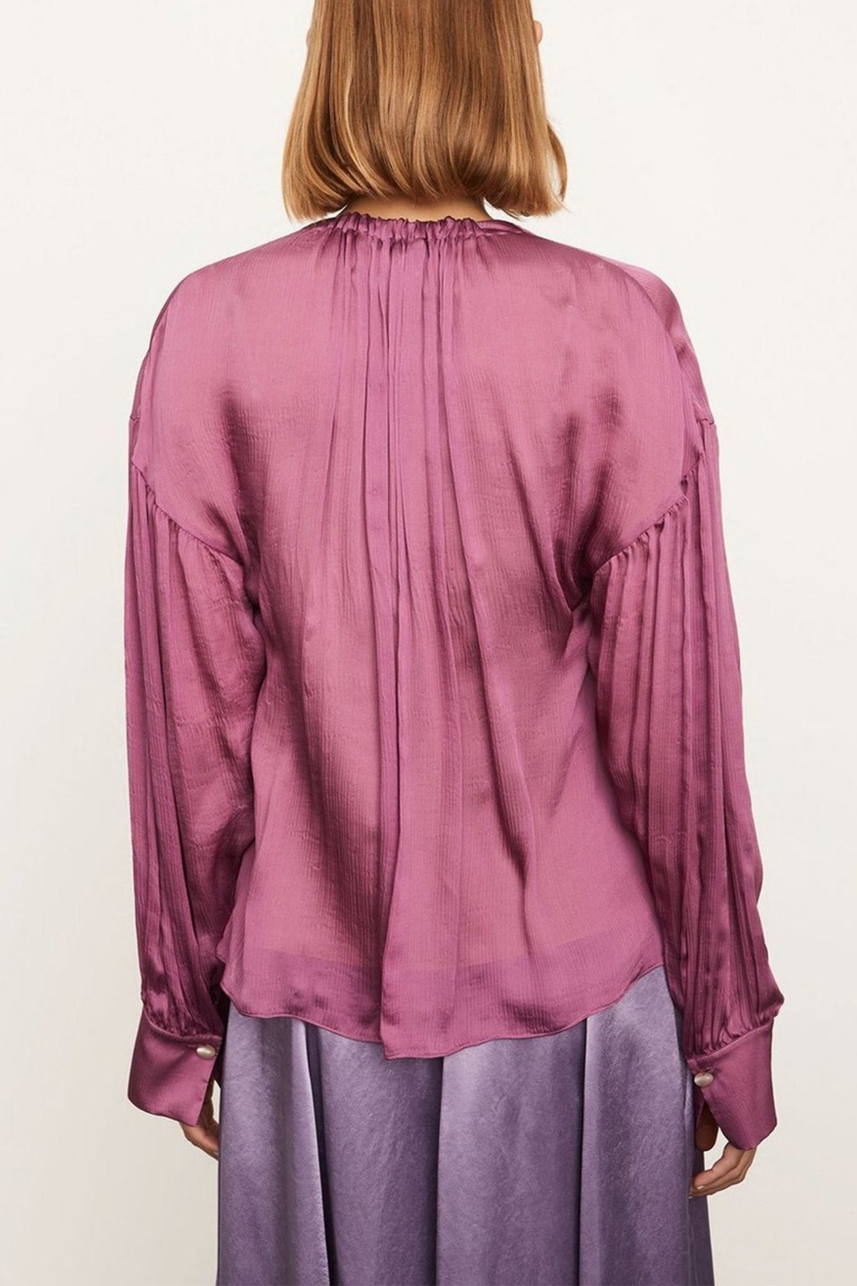 Long Sleeve Shirred Neck Blouse in Camellia - shop-olivia.com
