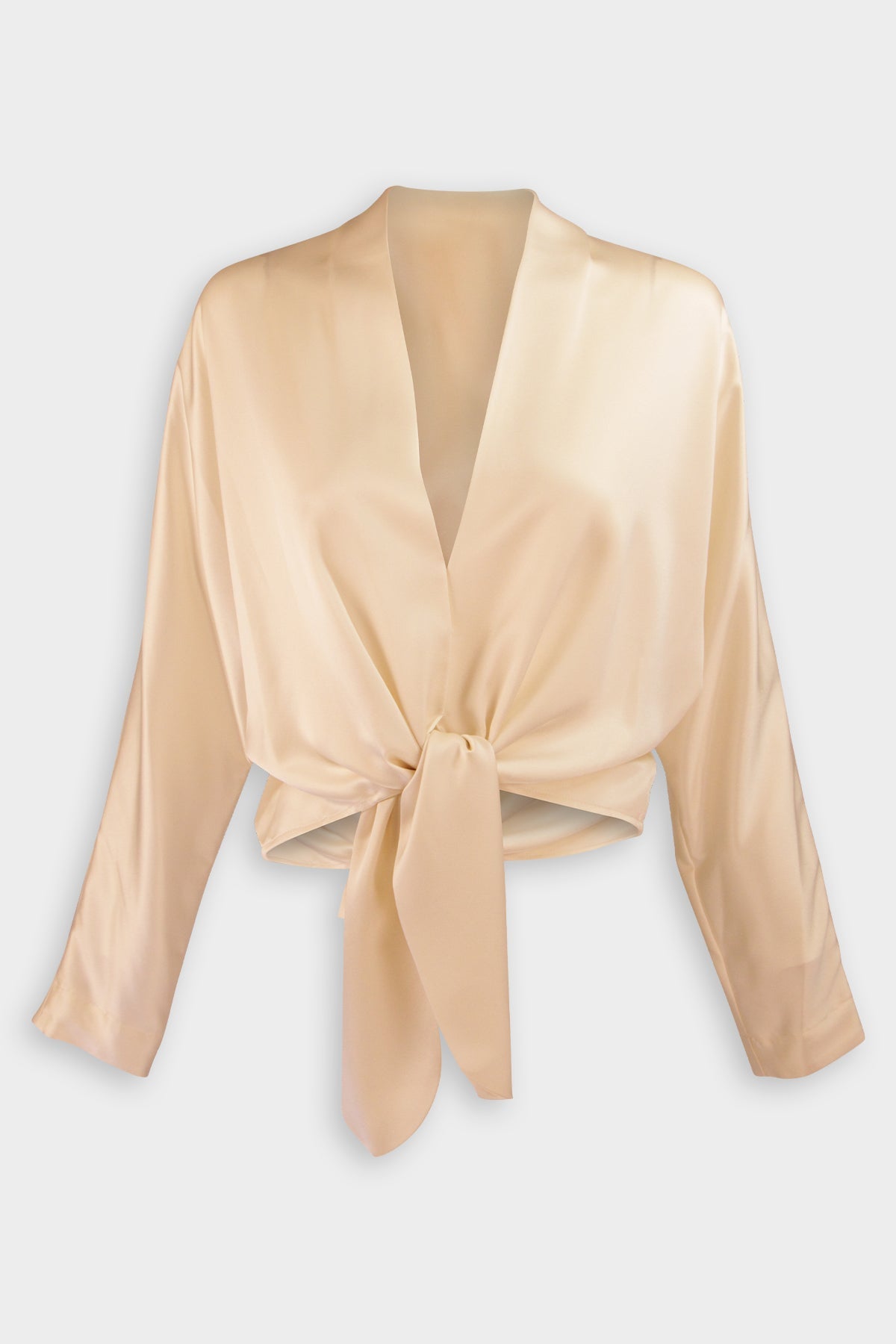 Long Sleeve Tie Front Blouse in Cream - shop-olivia.com