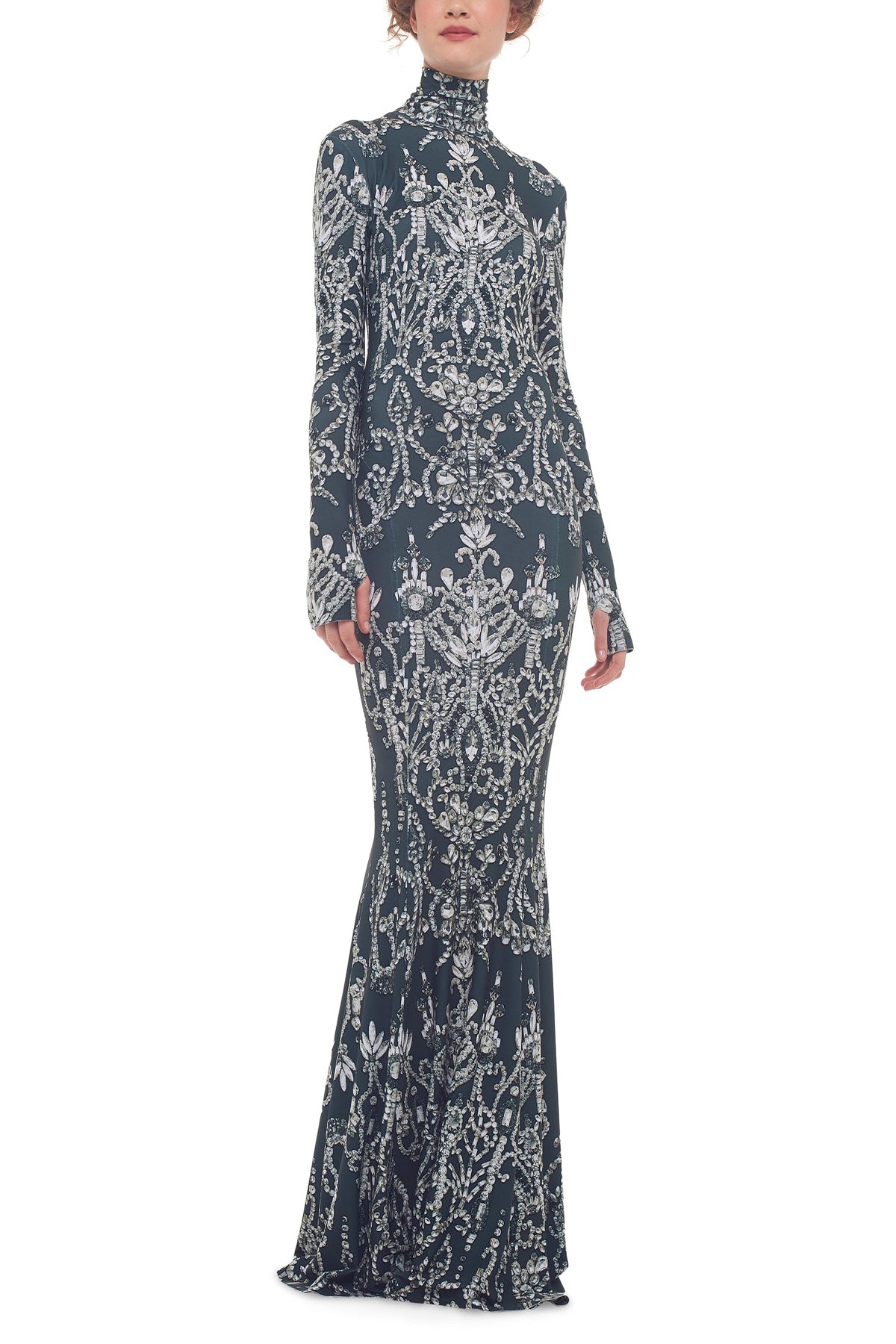 Long Sleeve Turtle Fishtail Gown in Dark Jewels - shop-olivia.com