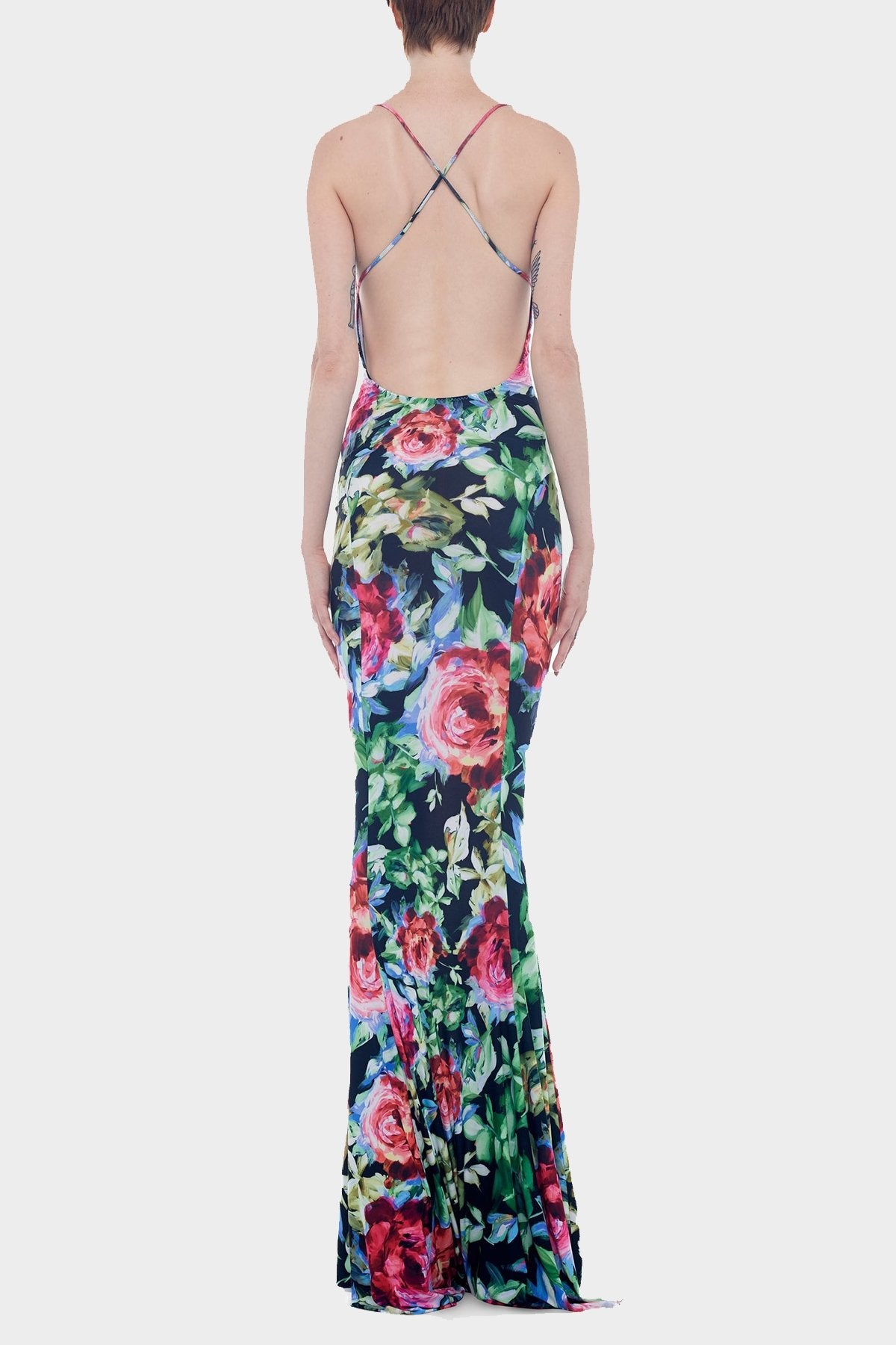 Low Back Slip Fishtail Gown in Rose Garden - shop-olivia.com