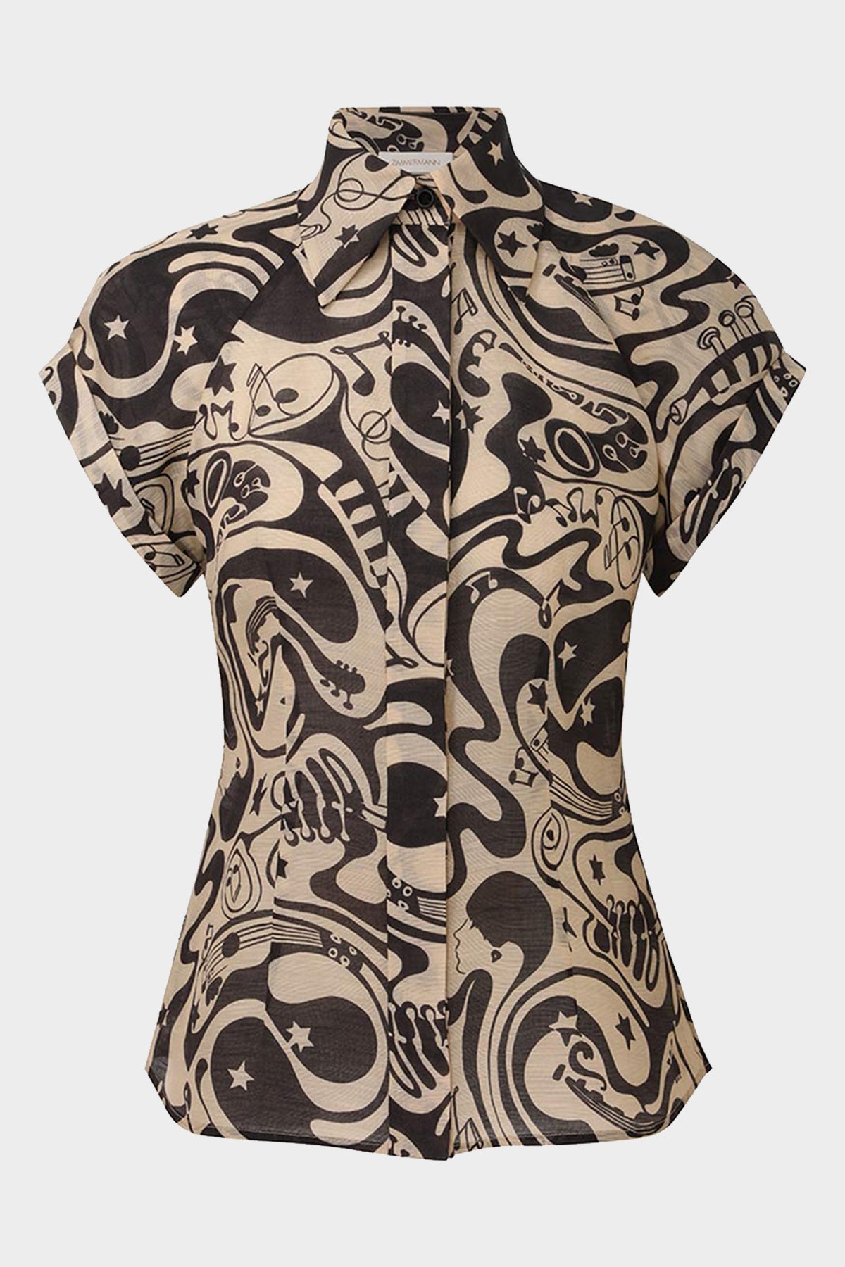 Matchmaker Fitted Blouse in Black Tea Abstract Musical - shop-olivia.com