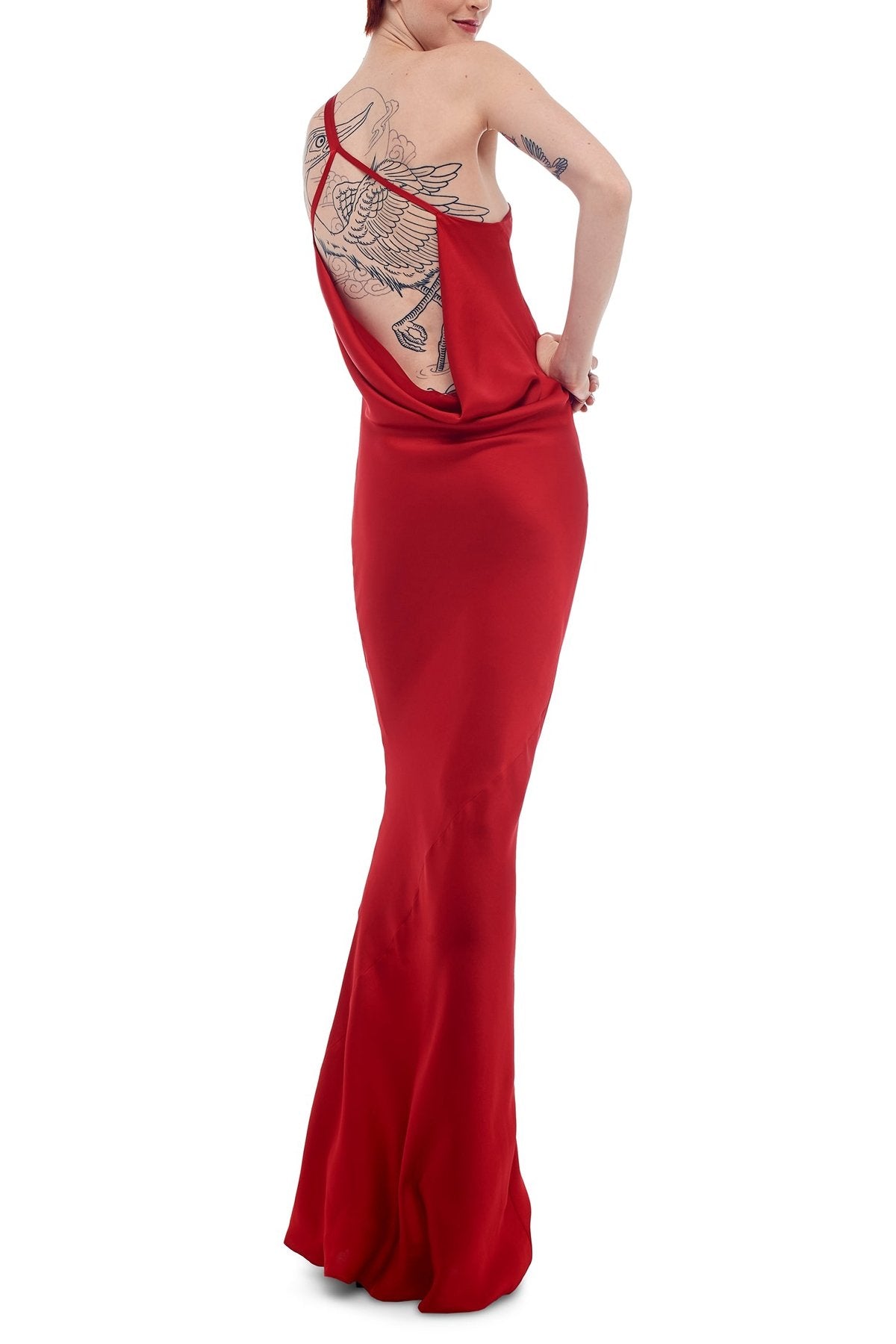One Shoulder Bias Gown in Tiger Red - shop-olivia.com