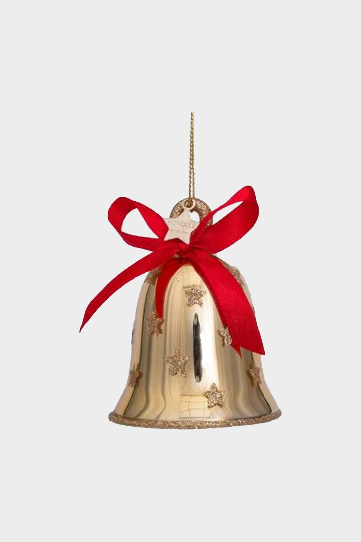 Ornament glass shiny gold bell w/red bow H8cm - shop-olivia.com