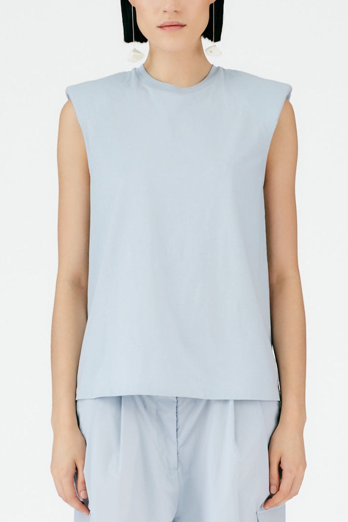 Padded Shoulder Sleeveless Top in Blue Grey - shop-olivia.com