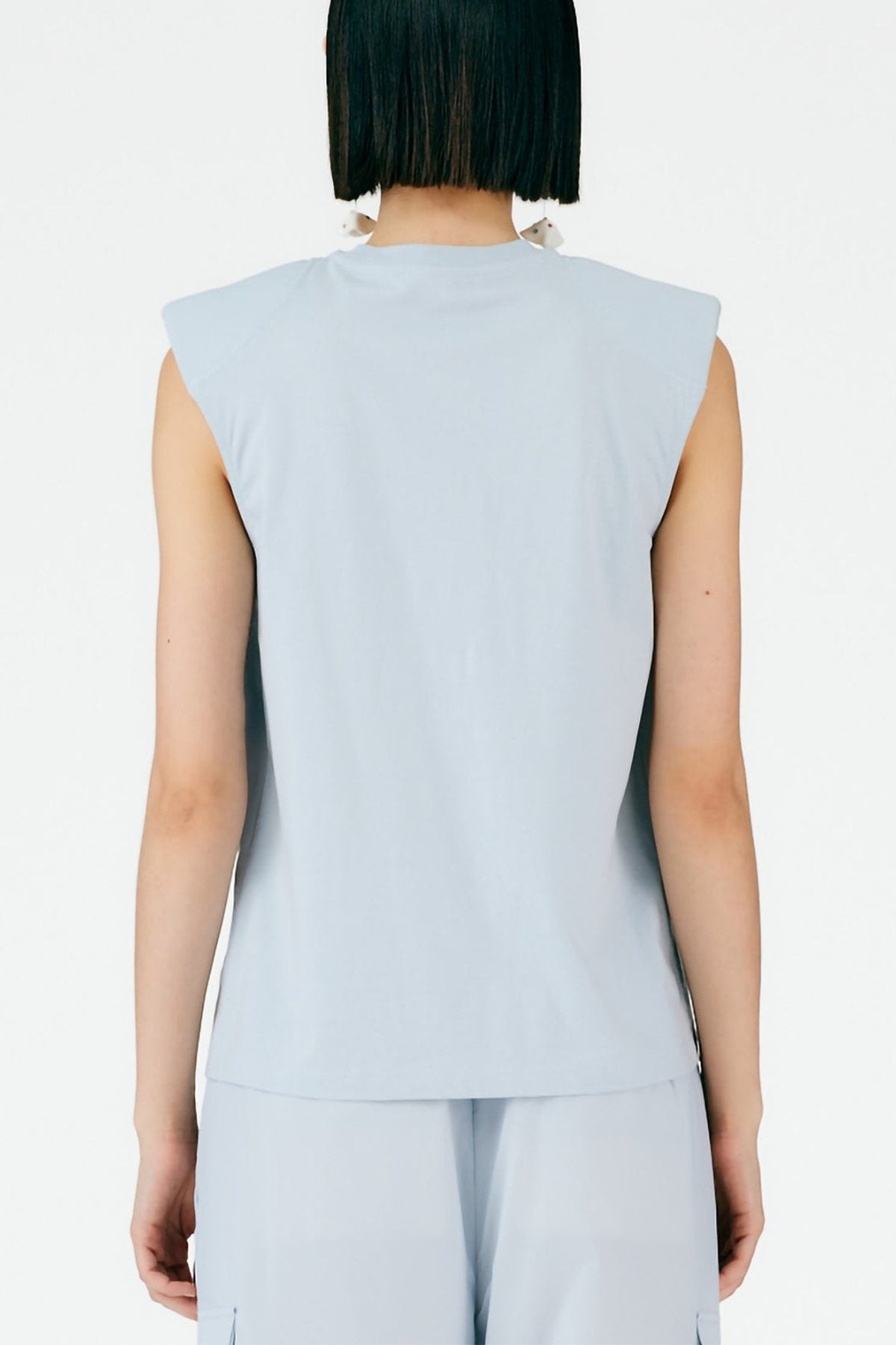 Padded Shoulder Sleeveless Top in Blue Grey - shop-olivia.com