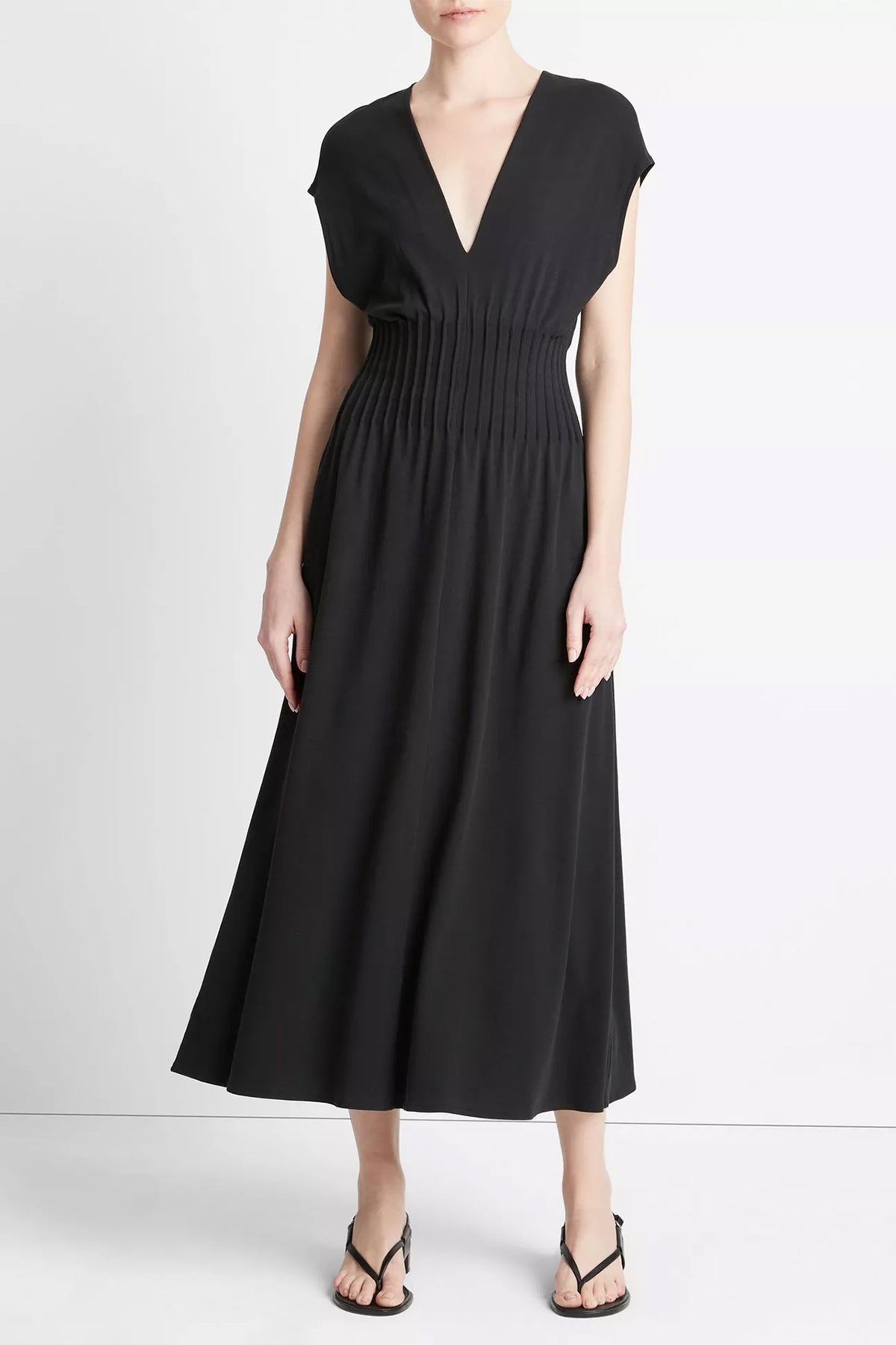 Pintuck Cotton V-Neck Dress in Black - shop-olivia.com