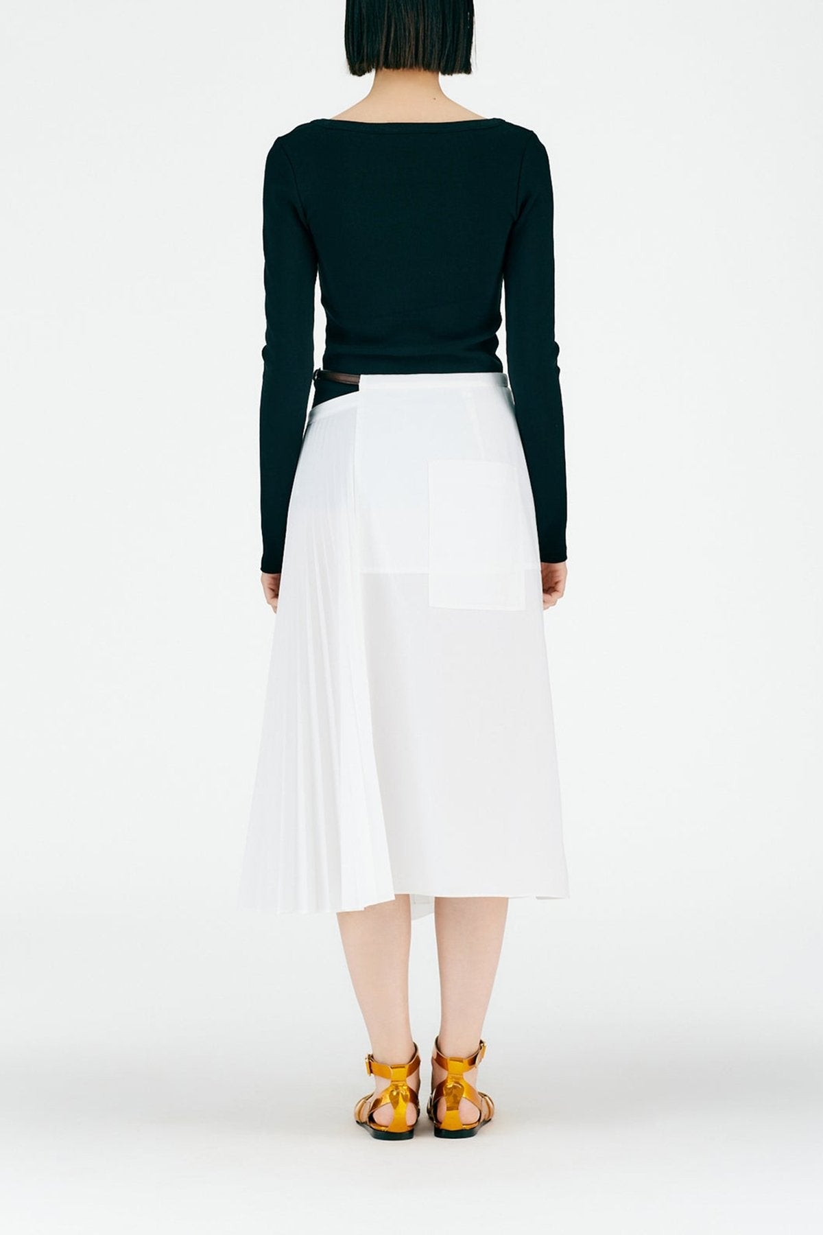 Pleated Cotton Leather Wrap Skirt in White - shop-olivia.com