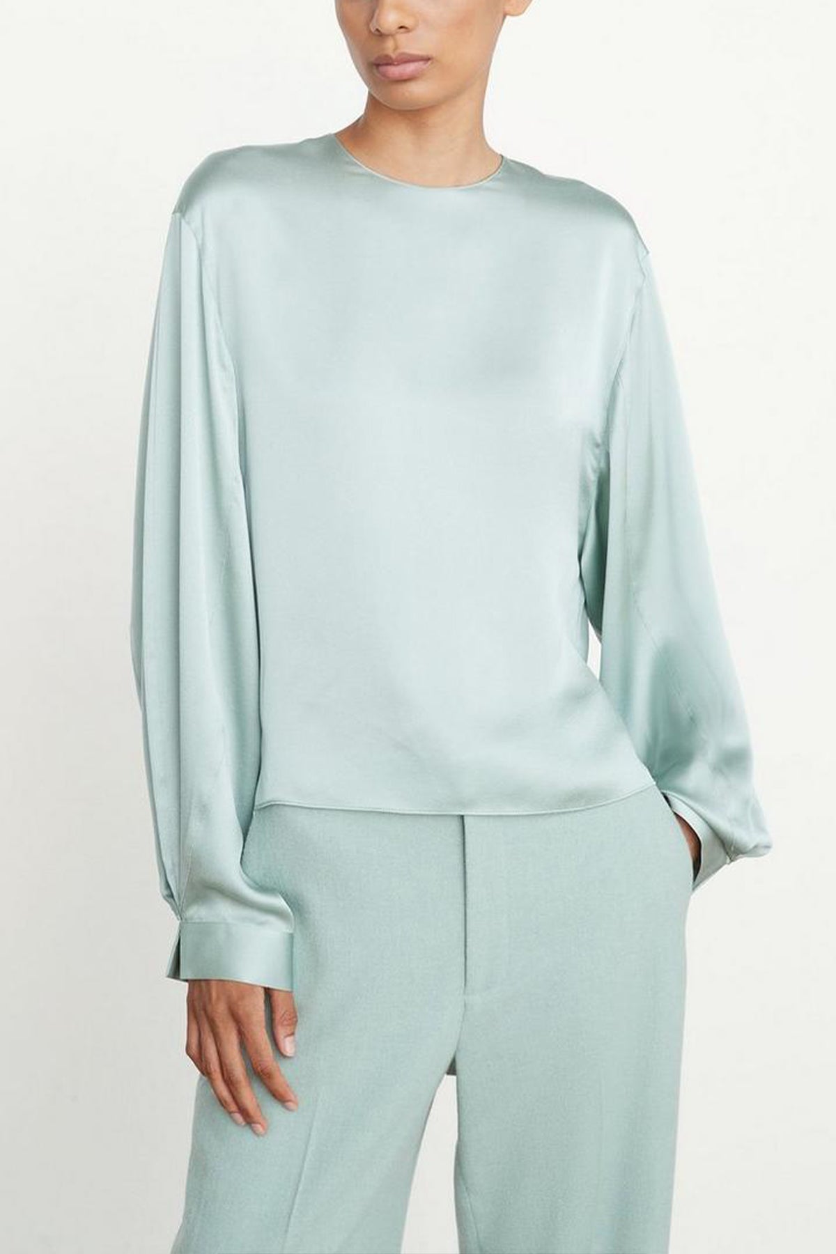 Pleated Cuff Crew Neck Blouse in Mint Glass - shop-olivia.com