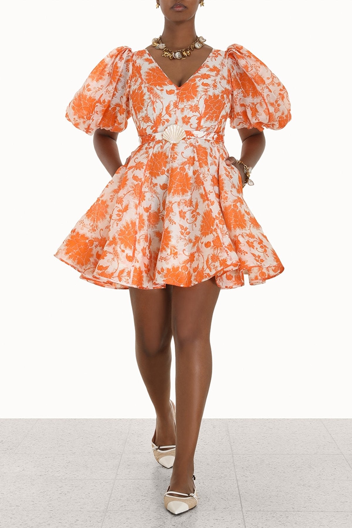 Postcard Puff Sleeve Mini Dress in Orange Tonal Floral - shop-olivia.com