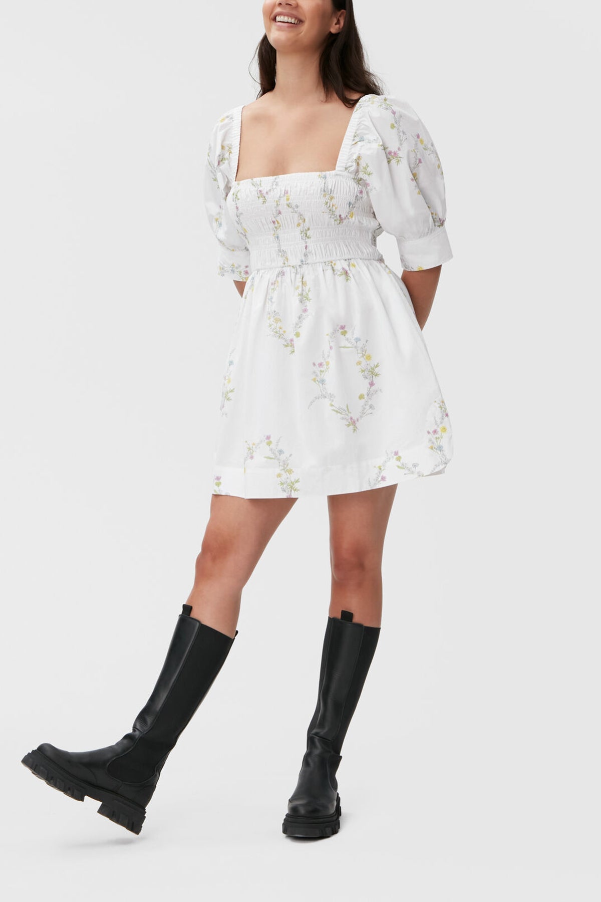 Printed Cotton Mini Smock Dress in Floral Shape Bright White