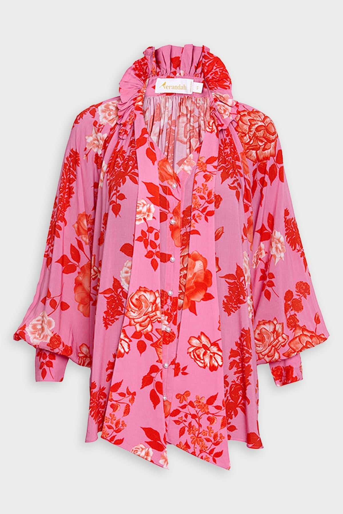 Pussy Bow Blouse in Pink and Red Mono Roses - shop-olivia.com