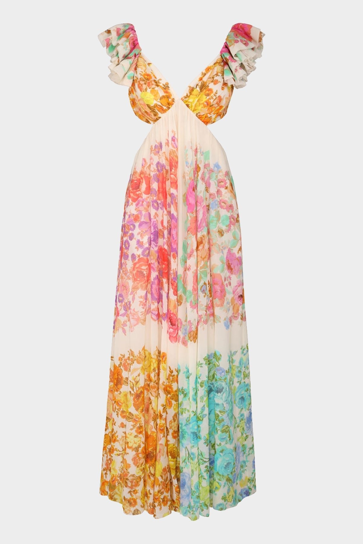 Raie Frill Shoulder Midi Dress in Multi Floral - shop-olivia.com