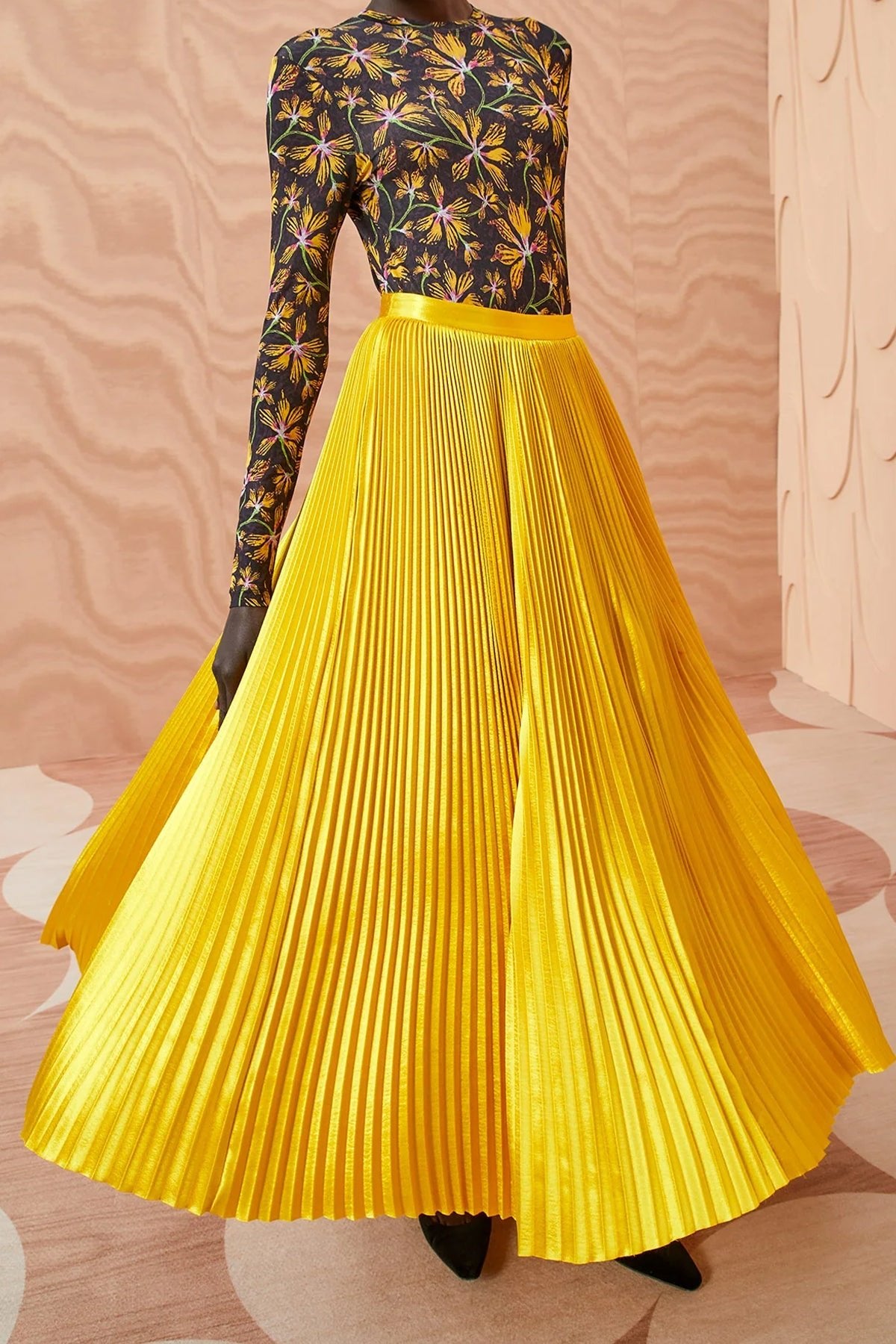 Rami Pleated Satin Maxi Skirt in Sunsprite - shop-olivia.com