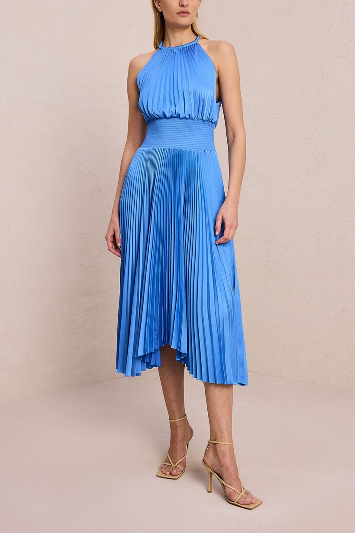 Renzo II Satin Pleated Dress in Blue Sea - shop-olivia.com