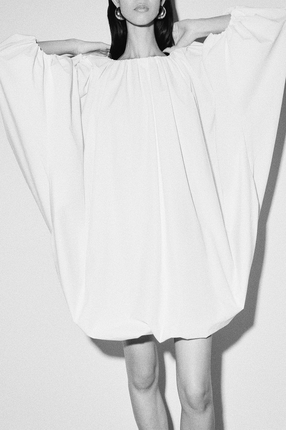 Ruched Bell Sleeve Mini Dress in White - shop-olivia.com