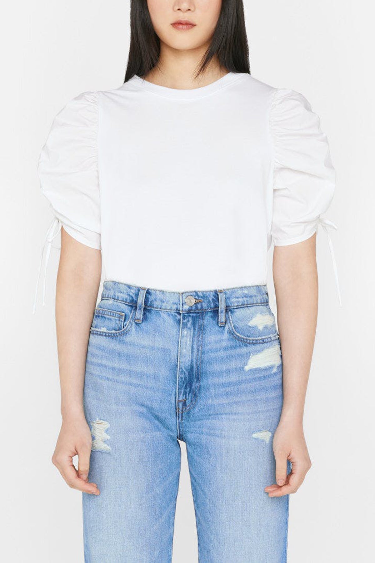 Ruched Tie Sleeve Tee in Blanc - shop-olivia.com