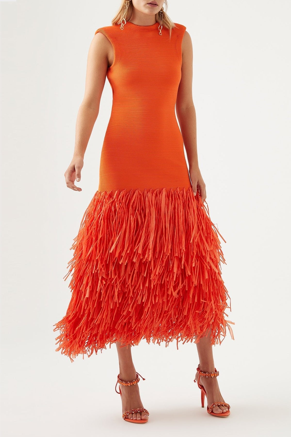 Rushes Raffia Knit Midi Dress in Orange - shop-olivia.com