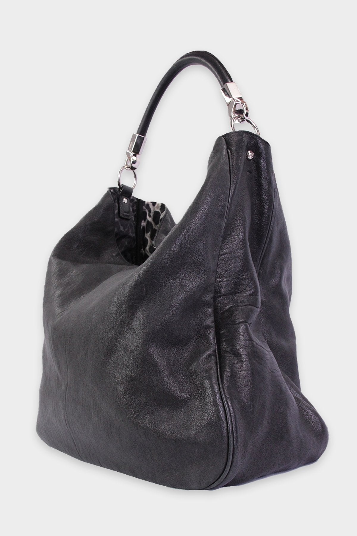 Saint Laurent Black Leather Hobo Handbag with Leopard Print in the Interior - shop-olivia.com