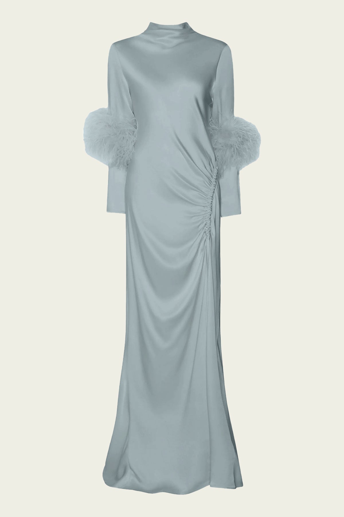 Satin Bias Feather Tab Gown With Slit in Dove - shop-olivia.com