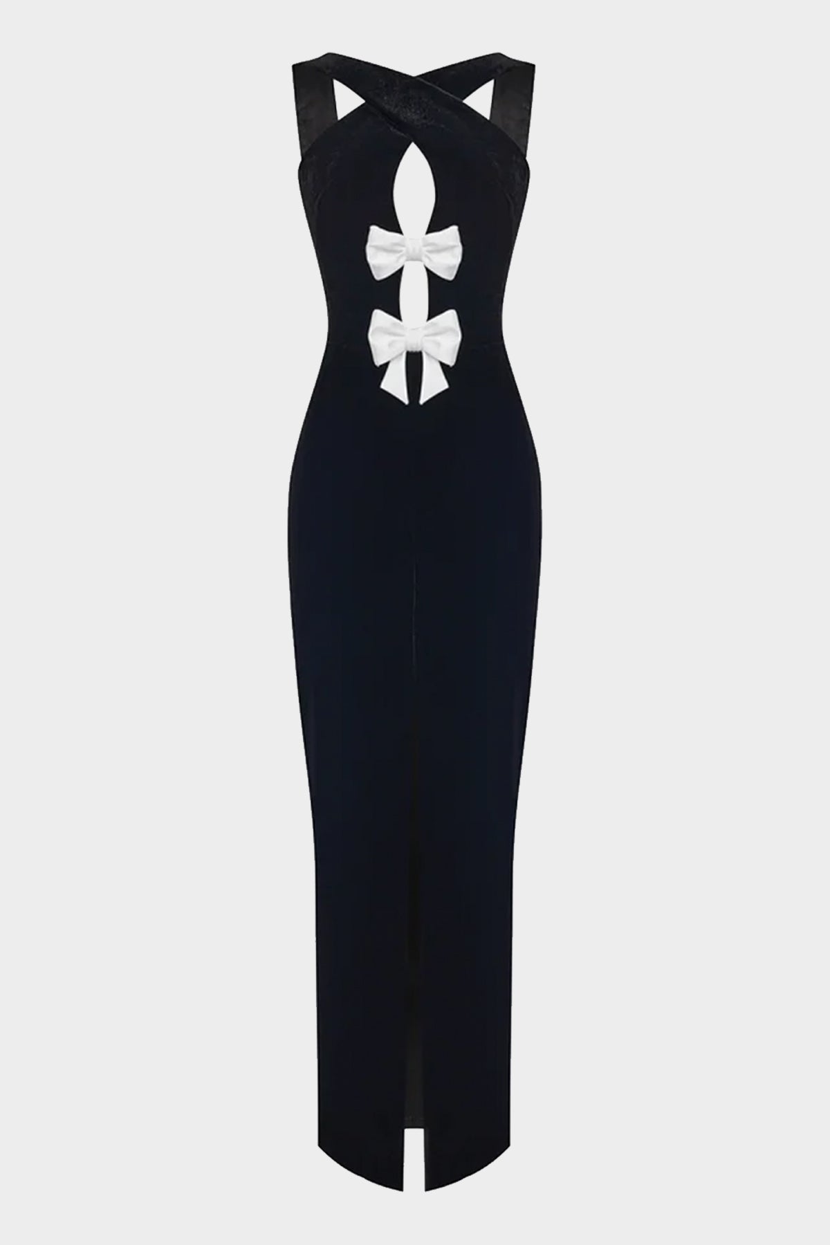 Satin Maxi Dress with Bows and Cutouts in Black - shop-olivia.com