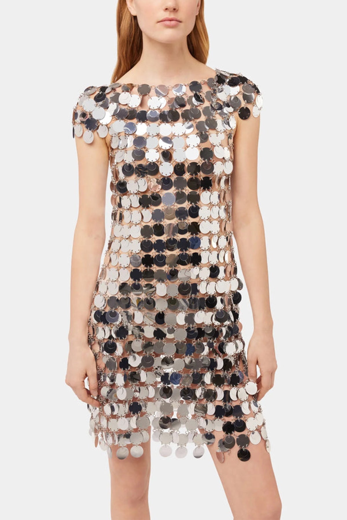 Sequin Chain-Disc Mini Dress in Silver - shop-olivia.com