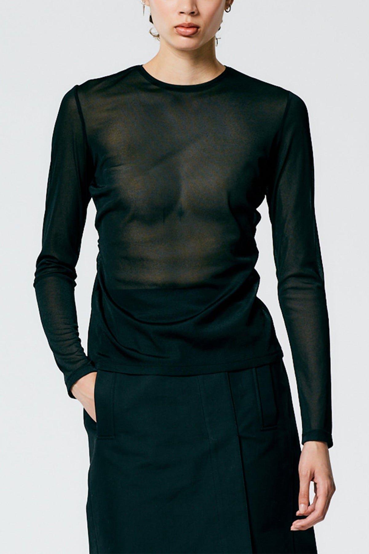 Sheer Gauze Long Sleeve Top With Pintuck Detail in Black - shop-olivia.com