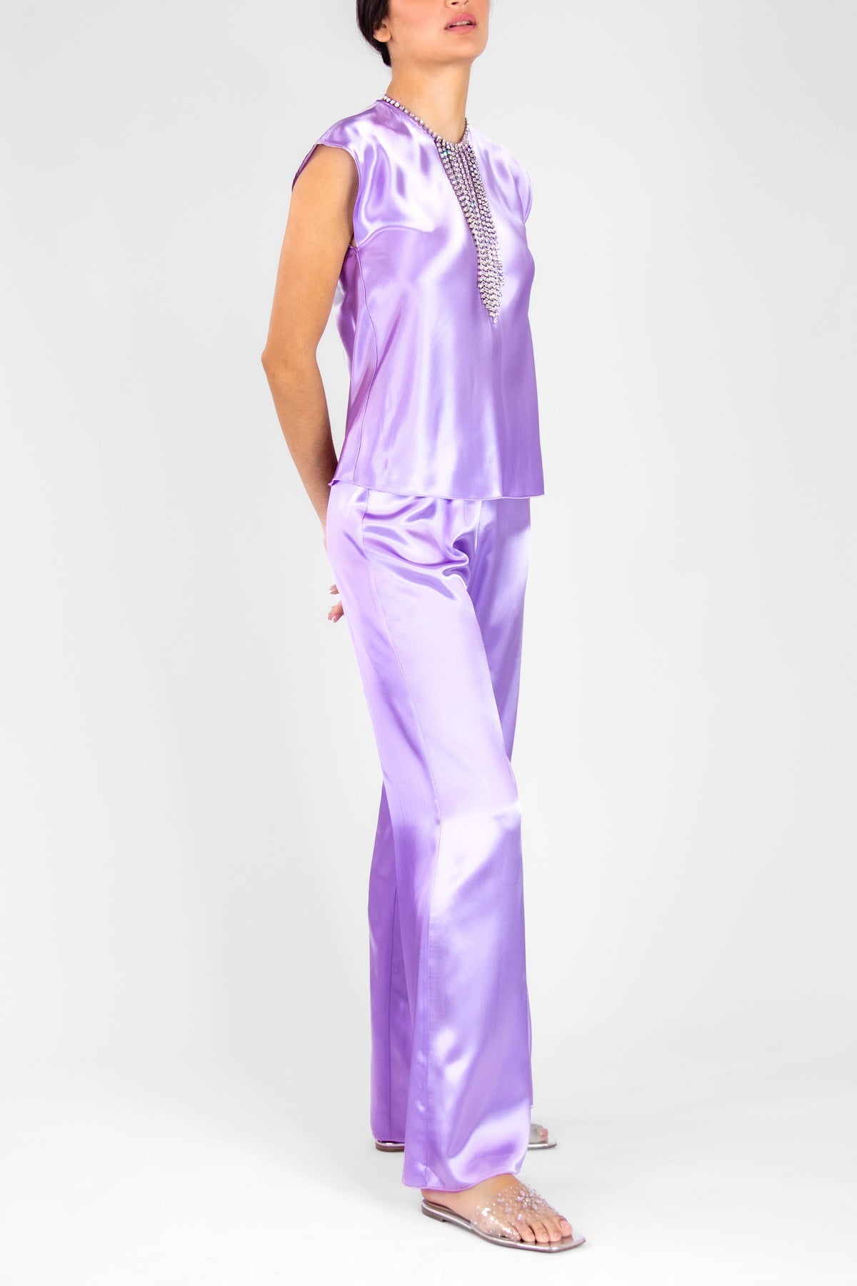 Shining Satin Elasticated Flare Pants in Iris - shop-olivia.com