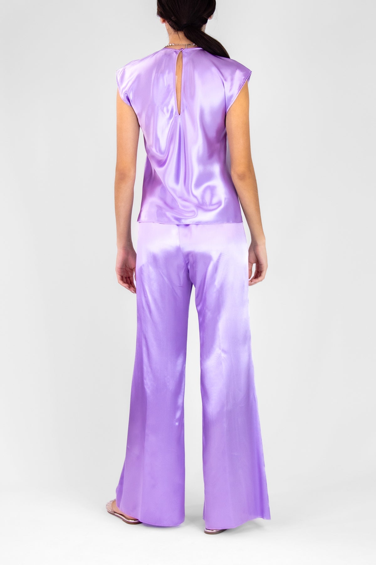 Shining Satin Elasticated Flare Pants in Iris - shop-olivia.com