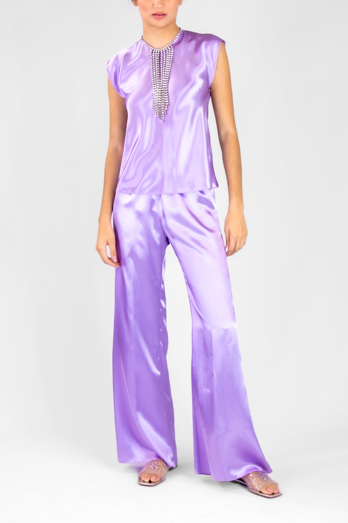 Shining Satin Elasticated Flare Pants in Iris - shop-olivia.com