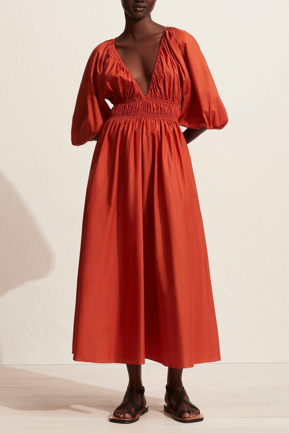 Shirred Plunge Dress in Terracotta - shop-olivia.com