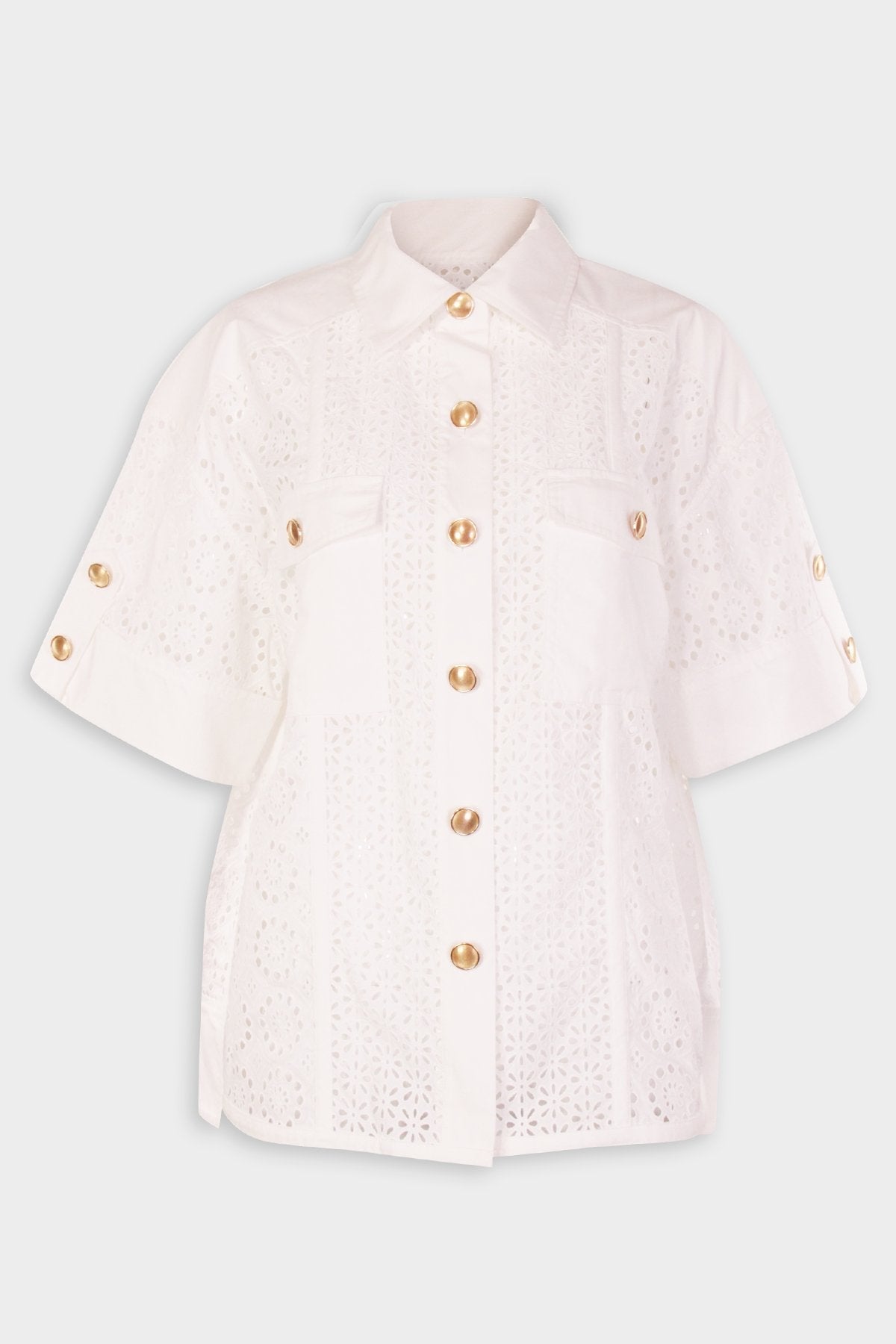 Short Sleeve Broderie Anglaise Camp Shirt in Ivory - shop-olivia.com