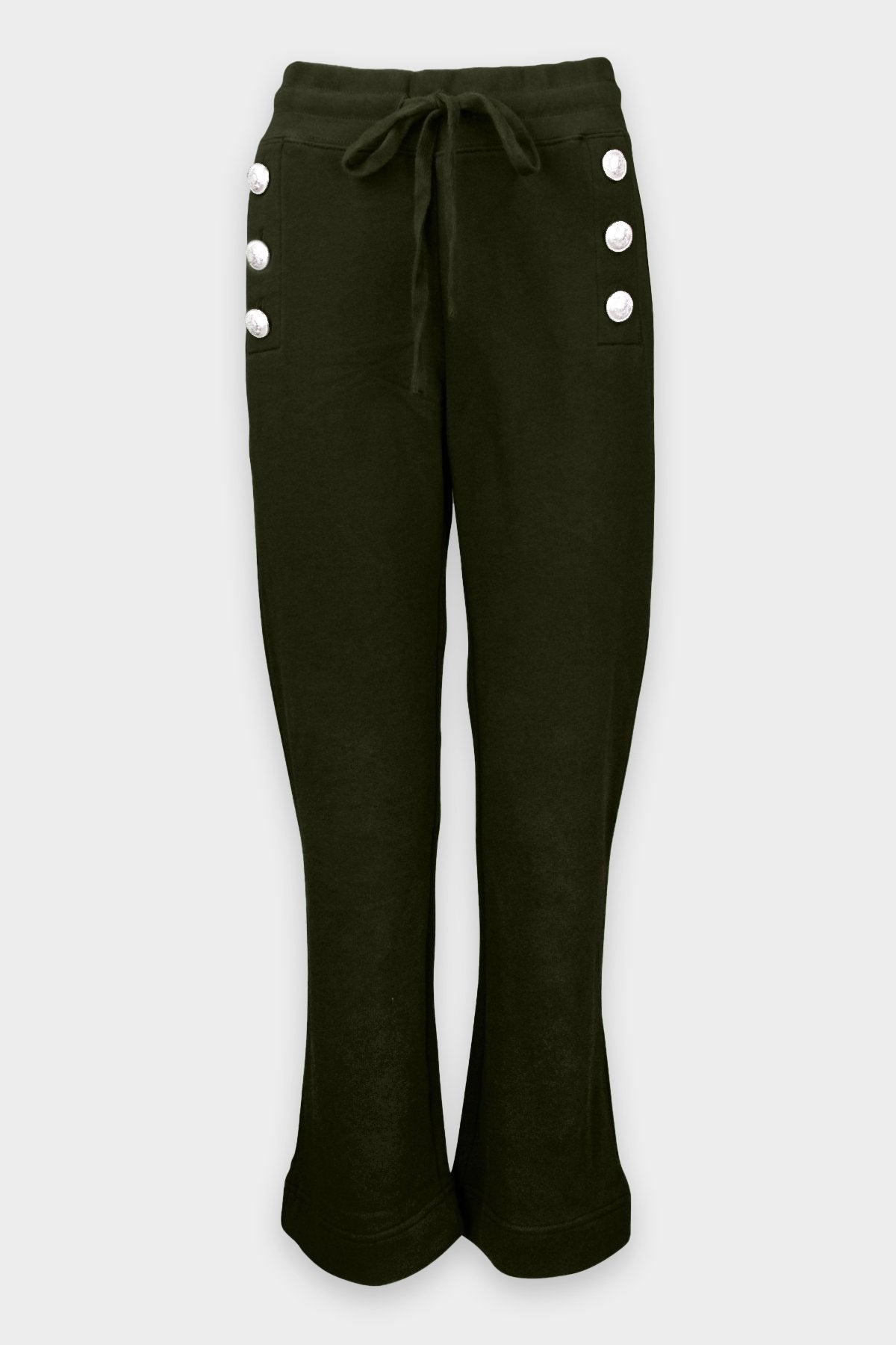 Sian Cropped Flare Sweat Pant with Sailor Buttons in Loden - shop-olivia.com