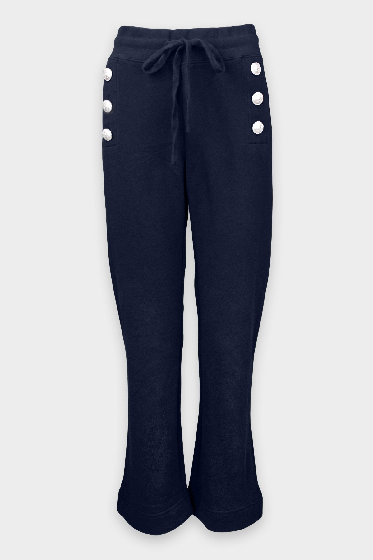 Sian Cropped Flare Sweat Pant with Sailor Buttons in Navy - shop-olivia.com