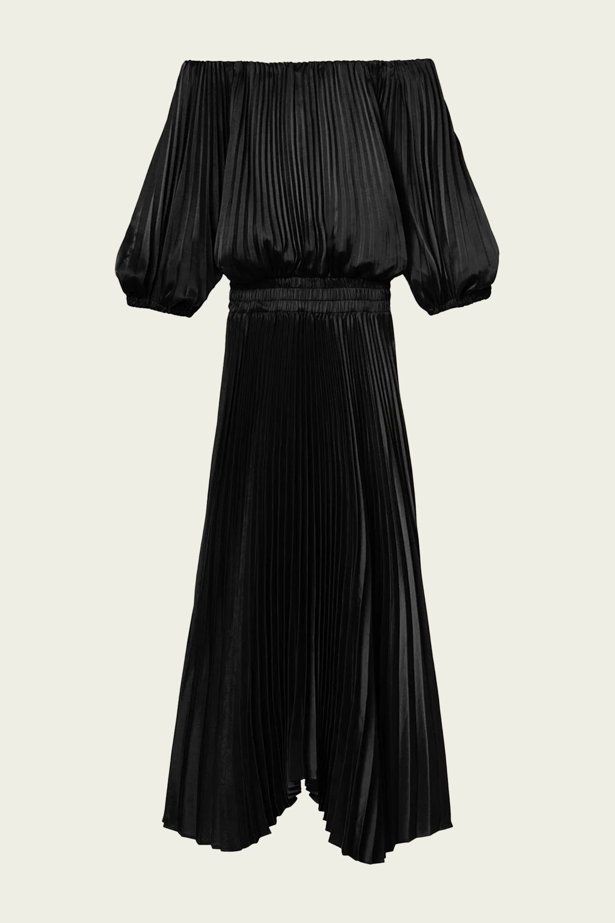 Sienna Satin Pleated Off Shoulder Dress in Black - shop-olivia.com