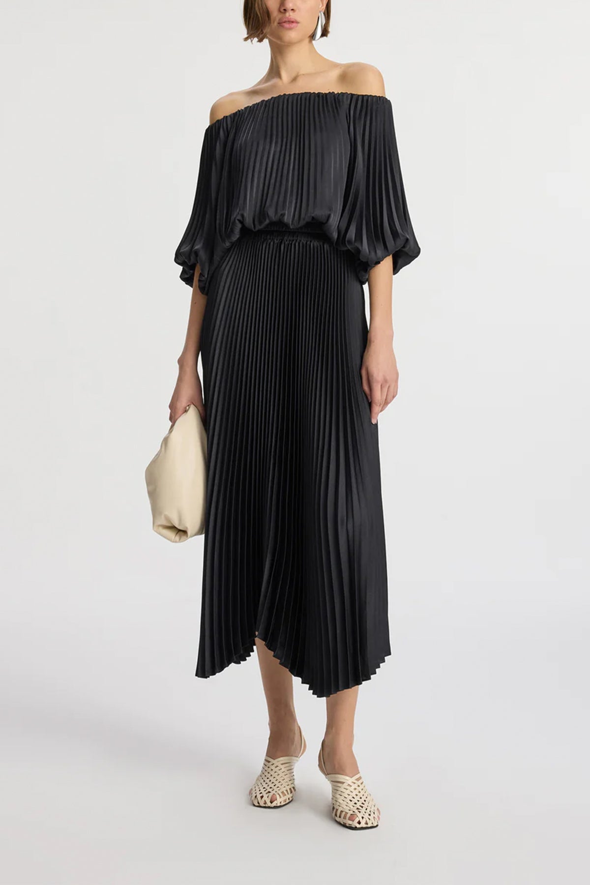 Sienna Satin Pleated Off Shoulder Dress in Black - shop-olivia.com