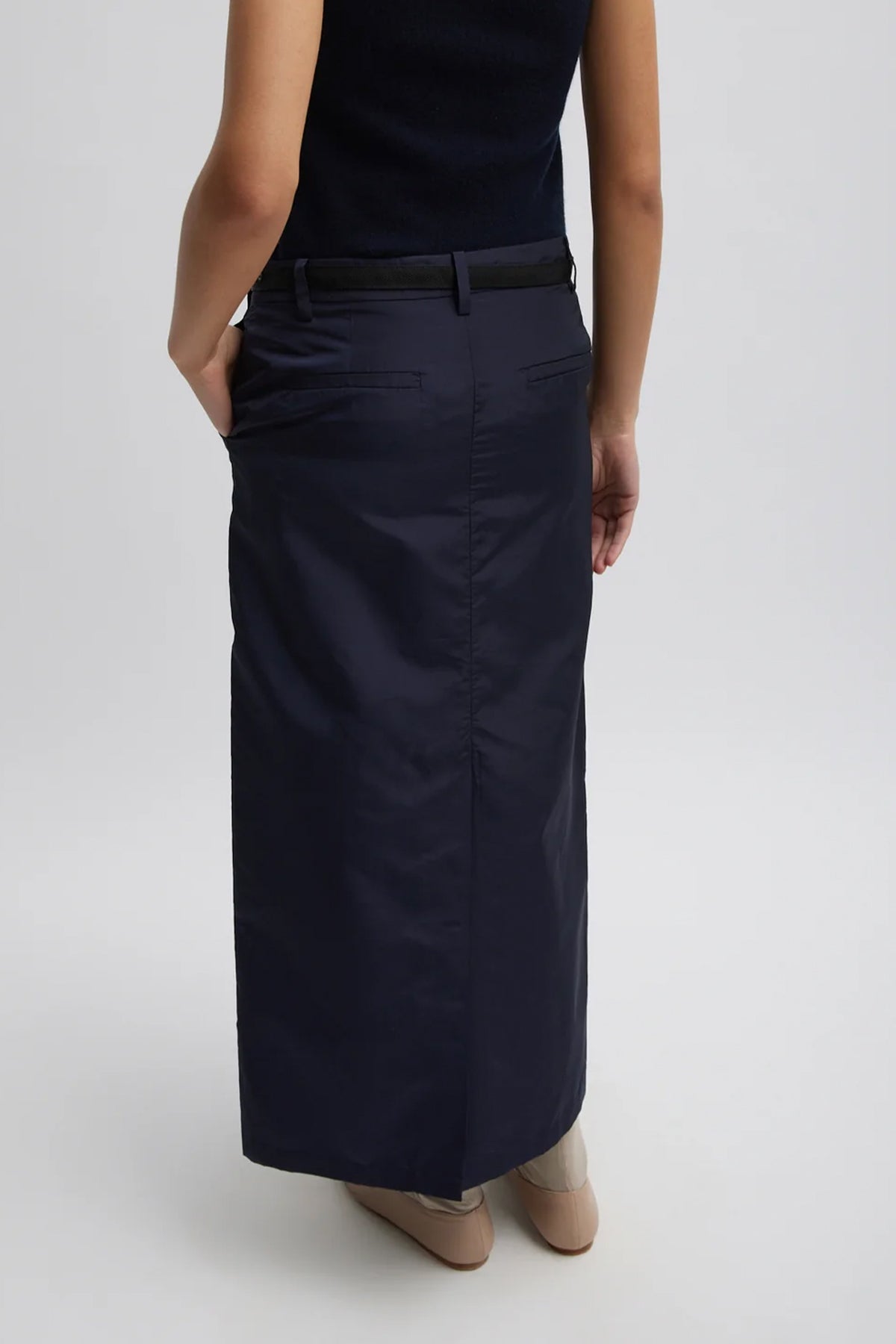 Silk Nylon Maxi Skirt in Navy - shop-olivia.com