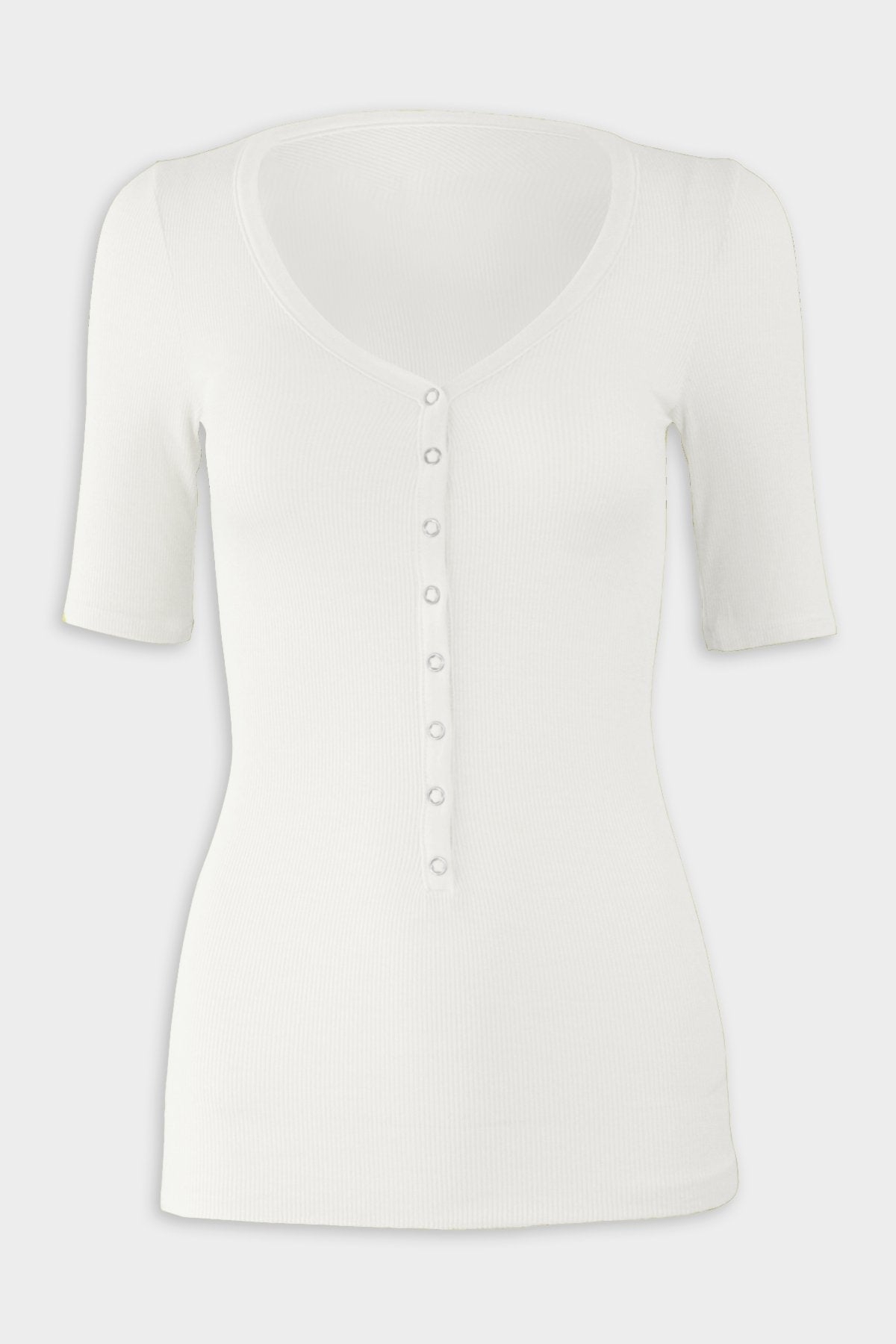 Silk Rib Half Sleeve Snap Henley Shirt in White - shop-olivia.com