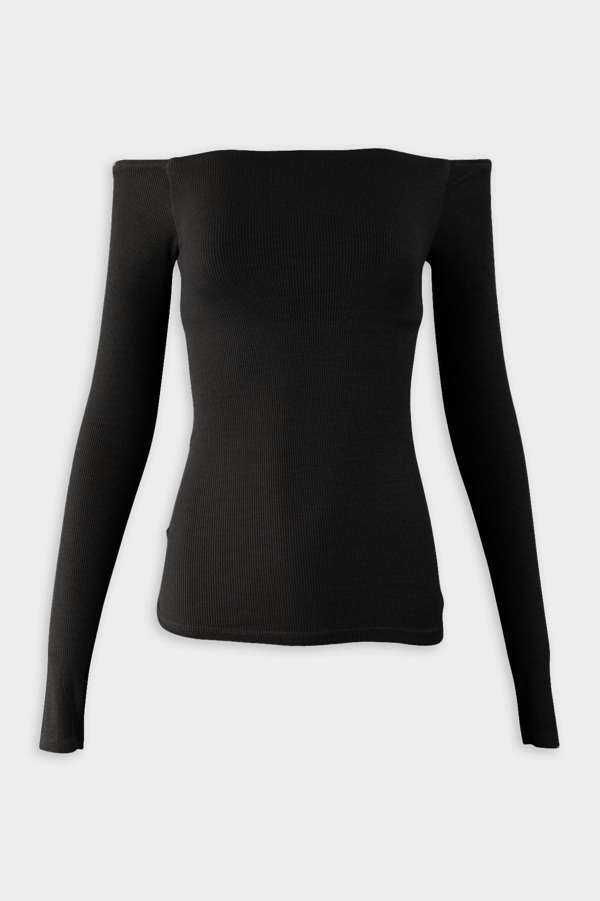 Silk Rib Off Shoulder Long Sleeve Top in Black - shop-olivia.com