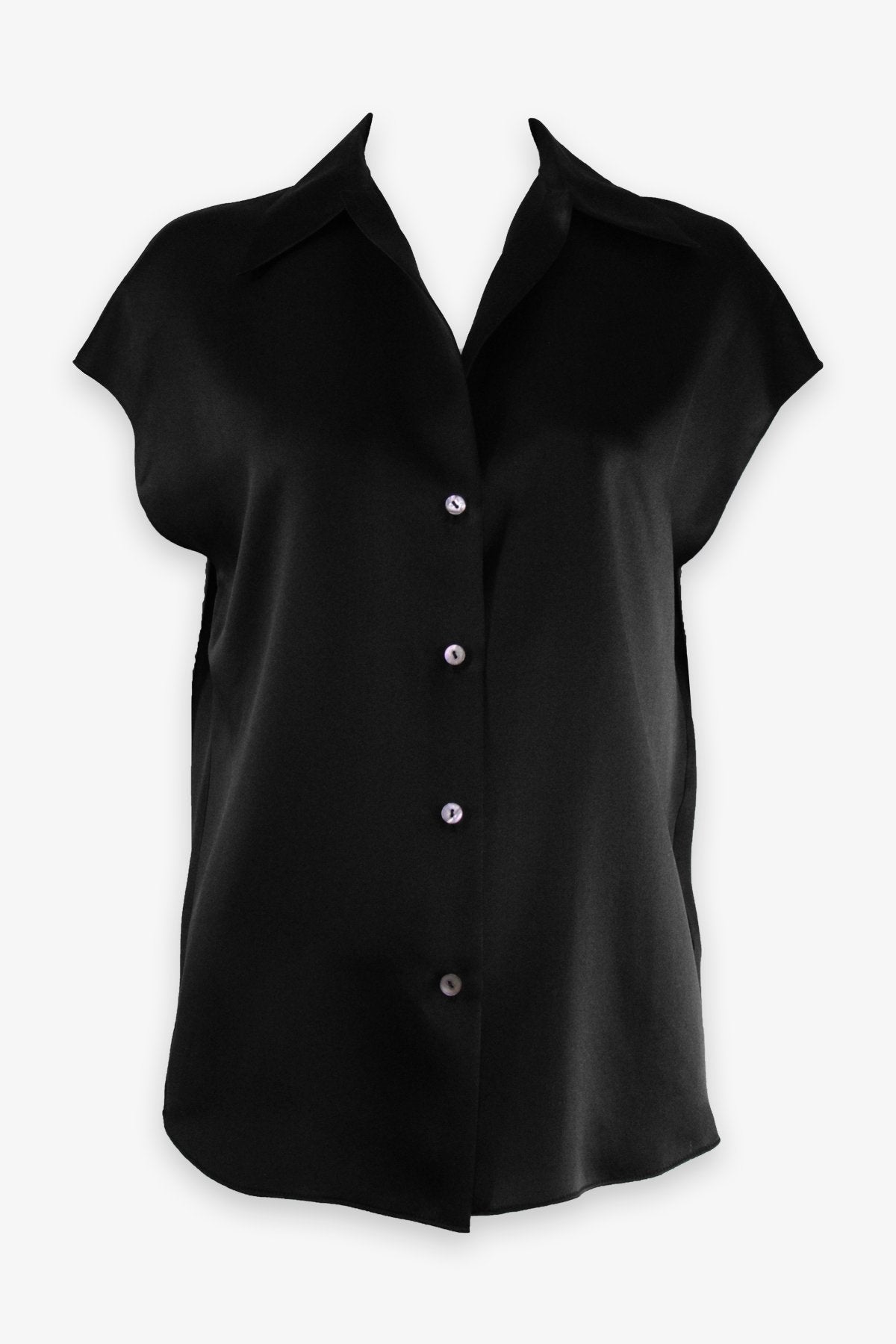 Silk Shaped Collar Cap Sleeve Blouse in Black - shop-olivia.com