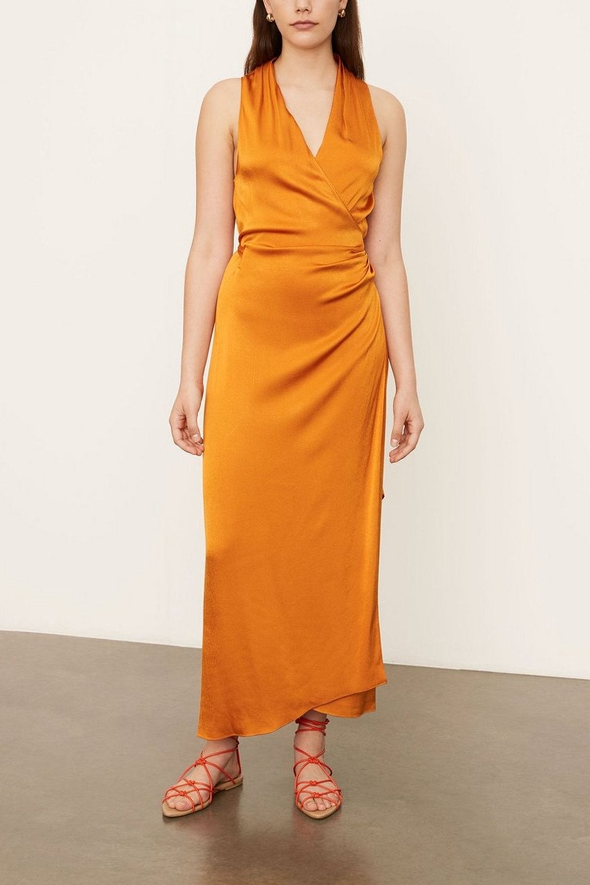 Sleeveless Drape Neck Silk Wrap Dress in Burnt Orange - shop-olivia.com