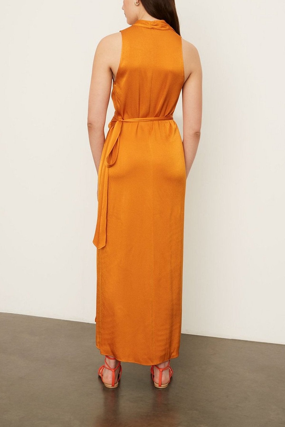 Sleeveless Drape Neck Silk Wrap Dress in Burnt Orange - shop-olivia.com
