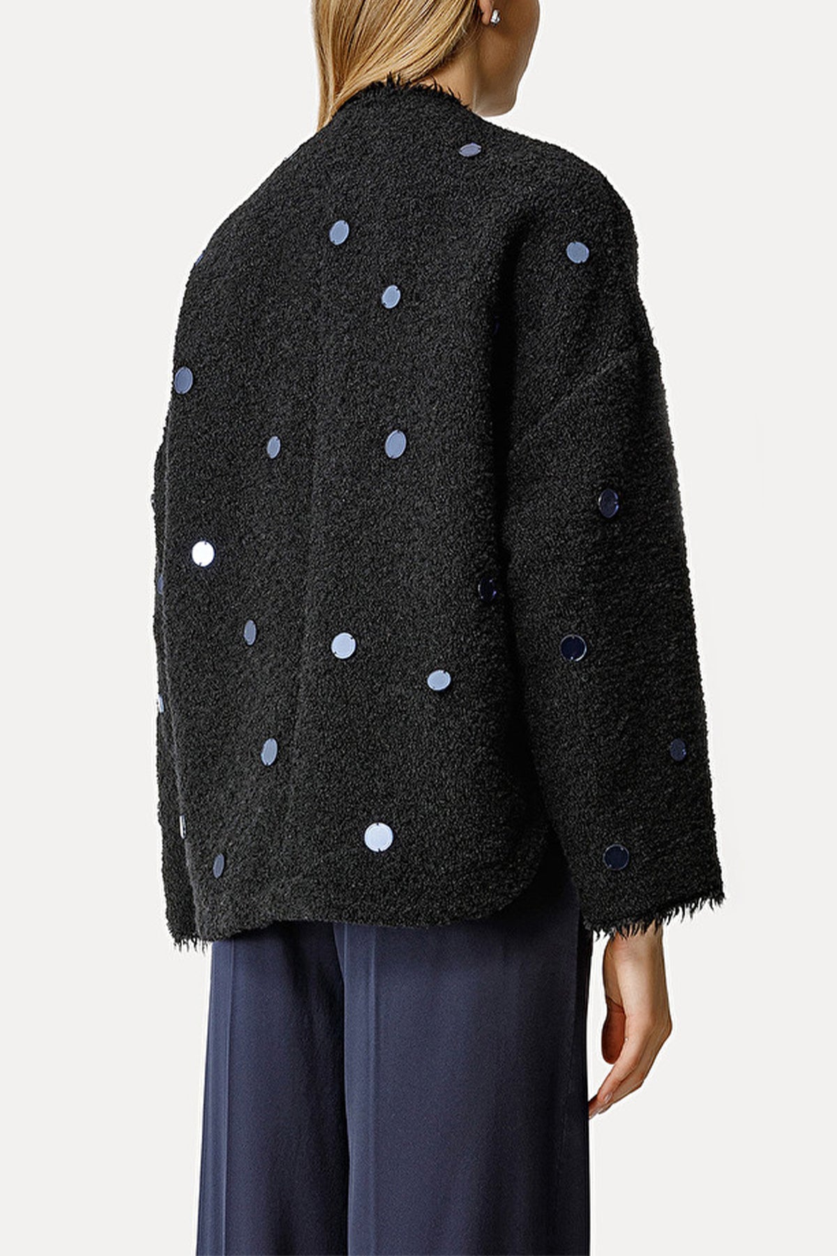 Soft–Bouclé Blouson Jacket with Little Mirrors in Noir - shop-olivia.com