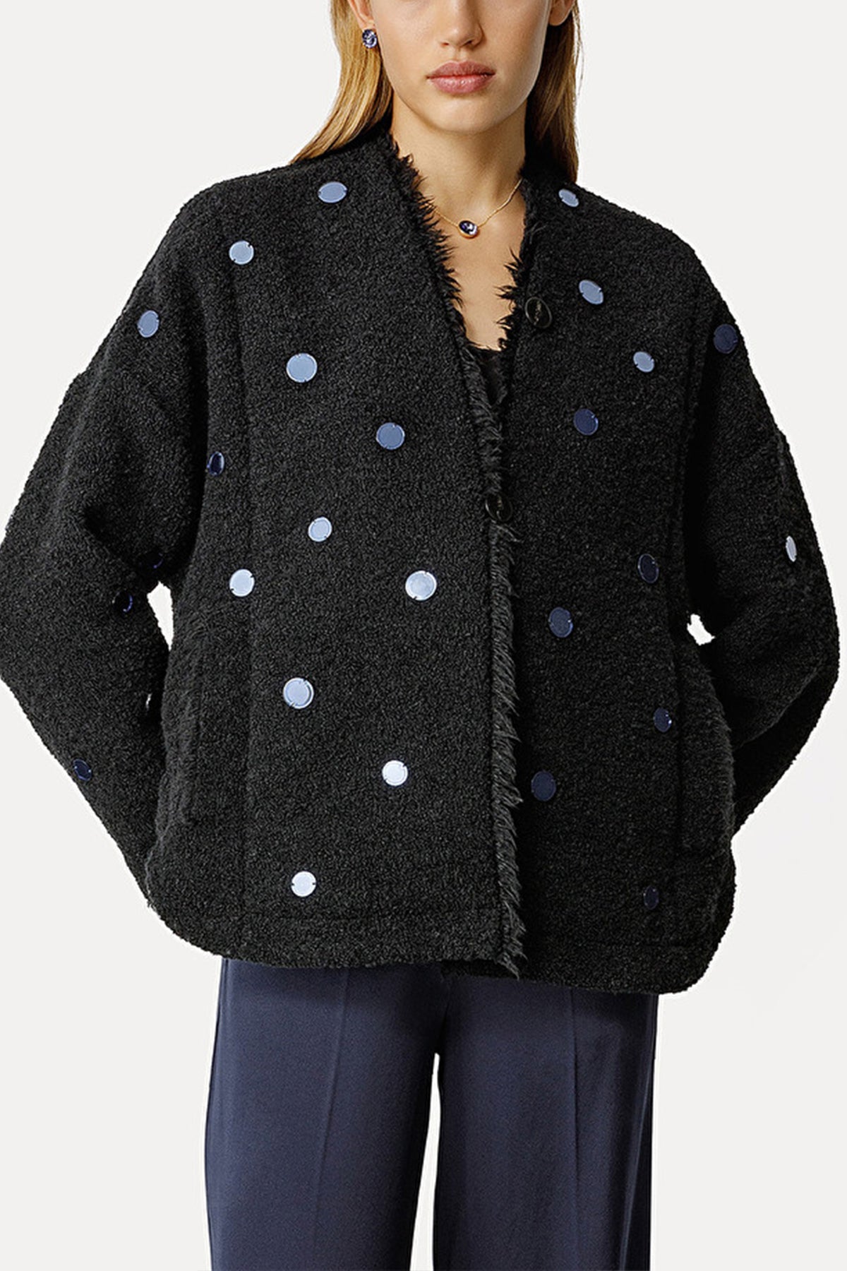 Soft–Bouclé Blouson Jacket with Little Mirrors in Noir - shop-olivia.com