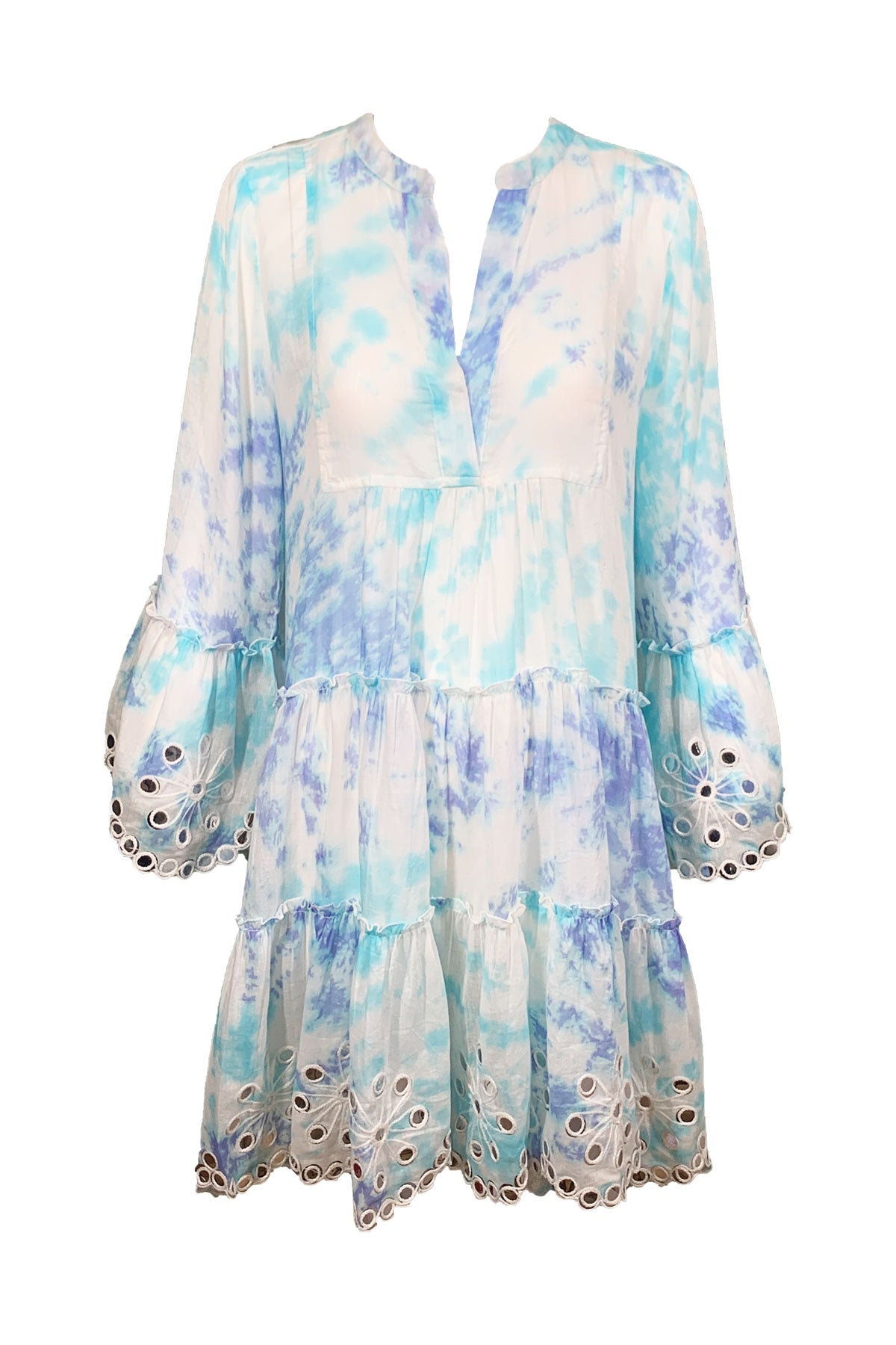 Spiral Tie Dye Flared Sleeve Dress with Mirrors Blue - shop-olivia.com