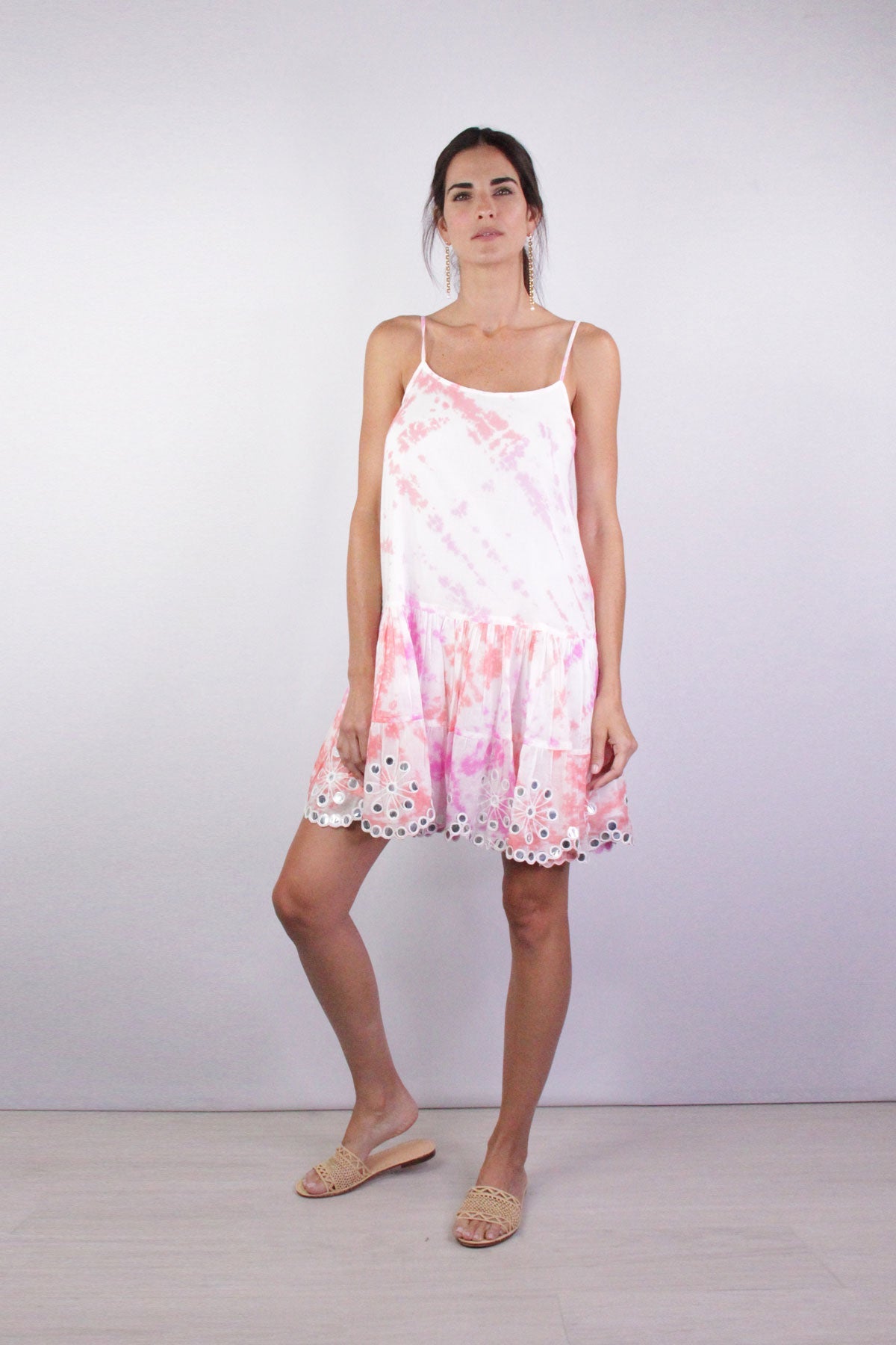 Spiral Tye Dye Strappy Dress with Mirror in Coral Pink - shop-olivia.com