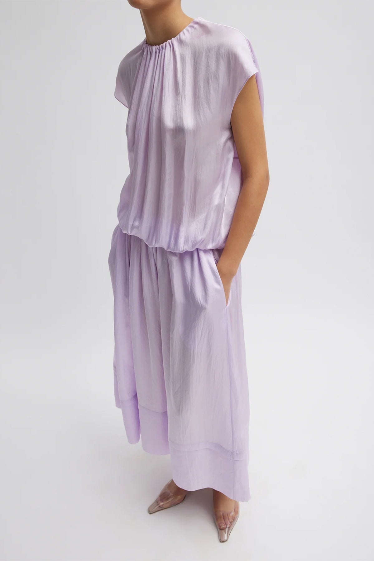 Spring Acetate Shirred Circular Dress in Pale Lavender - shop-olivia.com