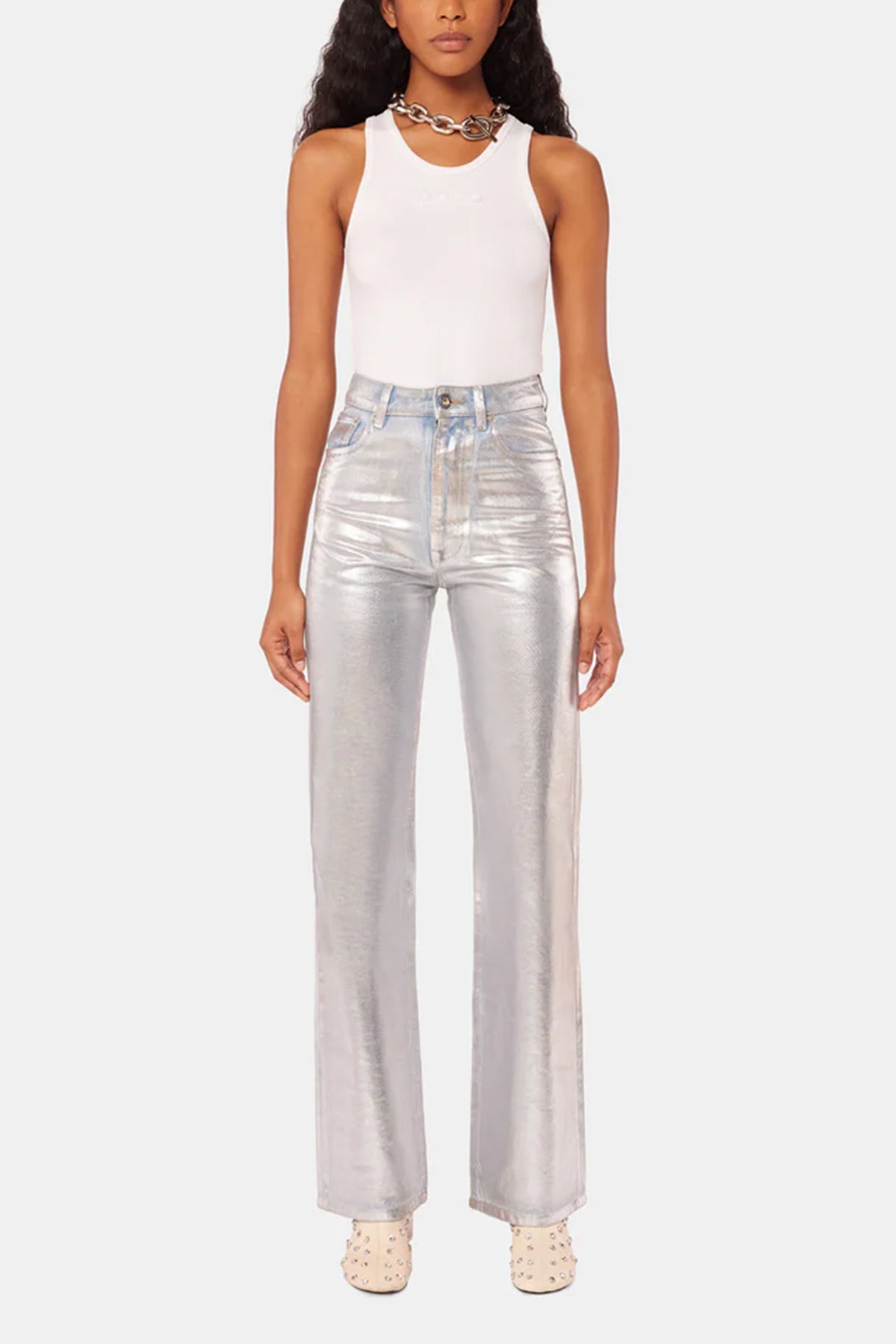 Straight Metallic Paint Effect Jeans in Light Silver - shop-olivia.com