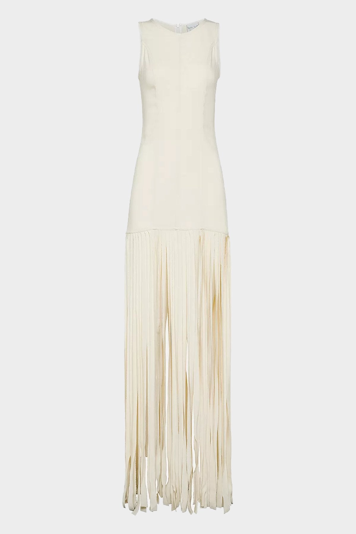 Stretch Crêpe Cady Sleeveless Dress with Fringed Details in Ivory - shop-olivia.com