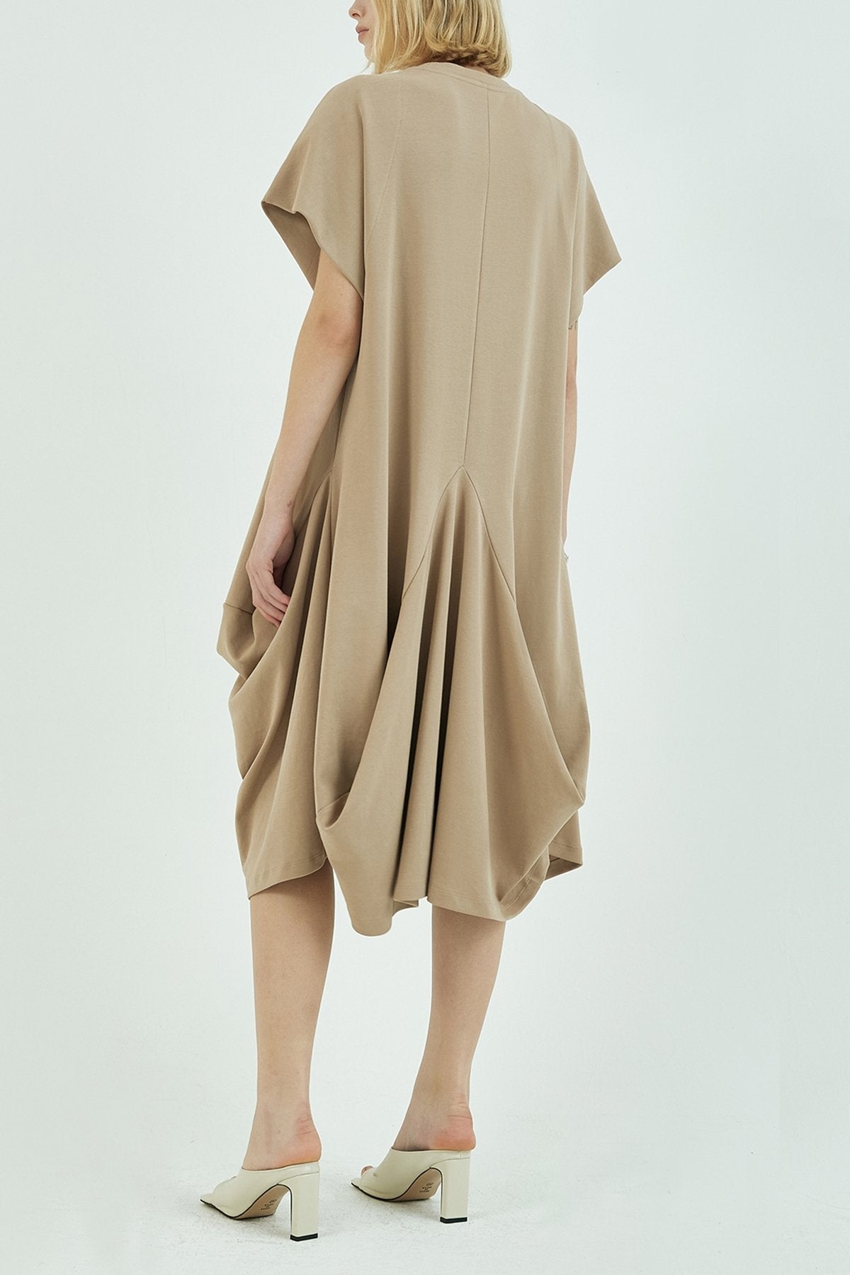 Structured Draping Cotton Jersey Midi Dress in Beige - shop-olivia.com